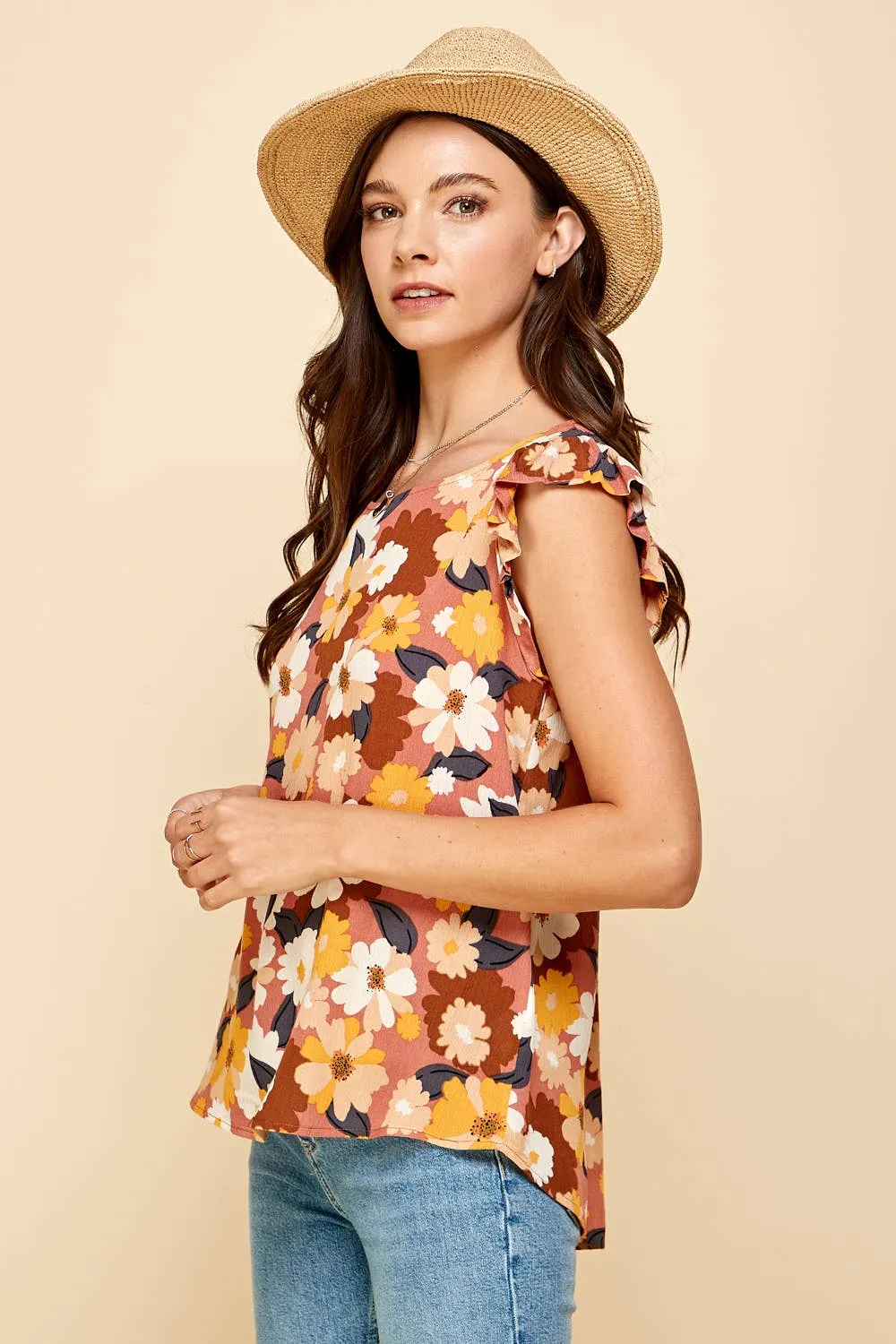 Floral Sleeveless Top with Ruffled Sleeves in Ivory