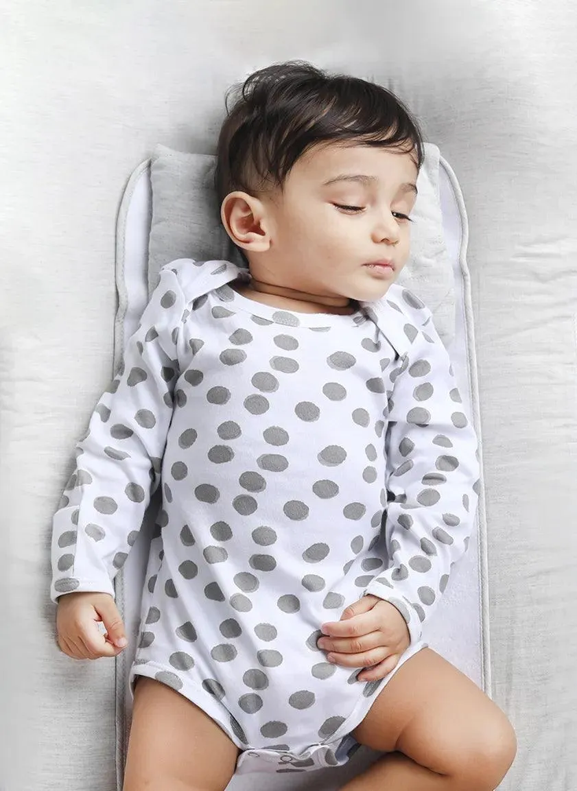 Full sleeve white & brown dot pattern bodysuit for baby