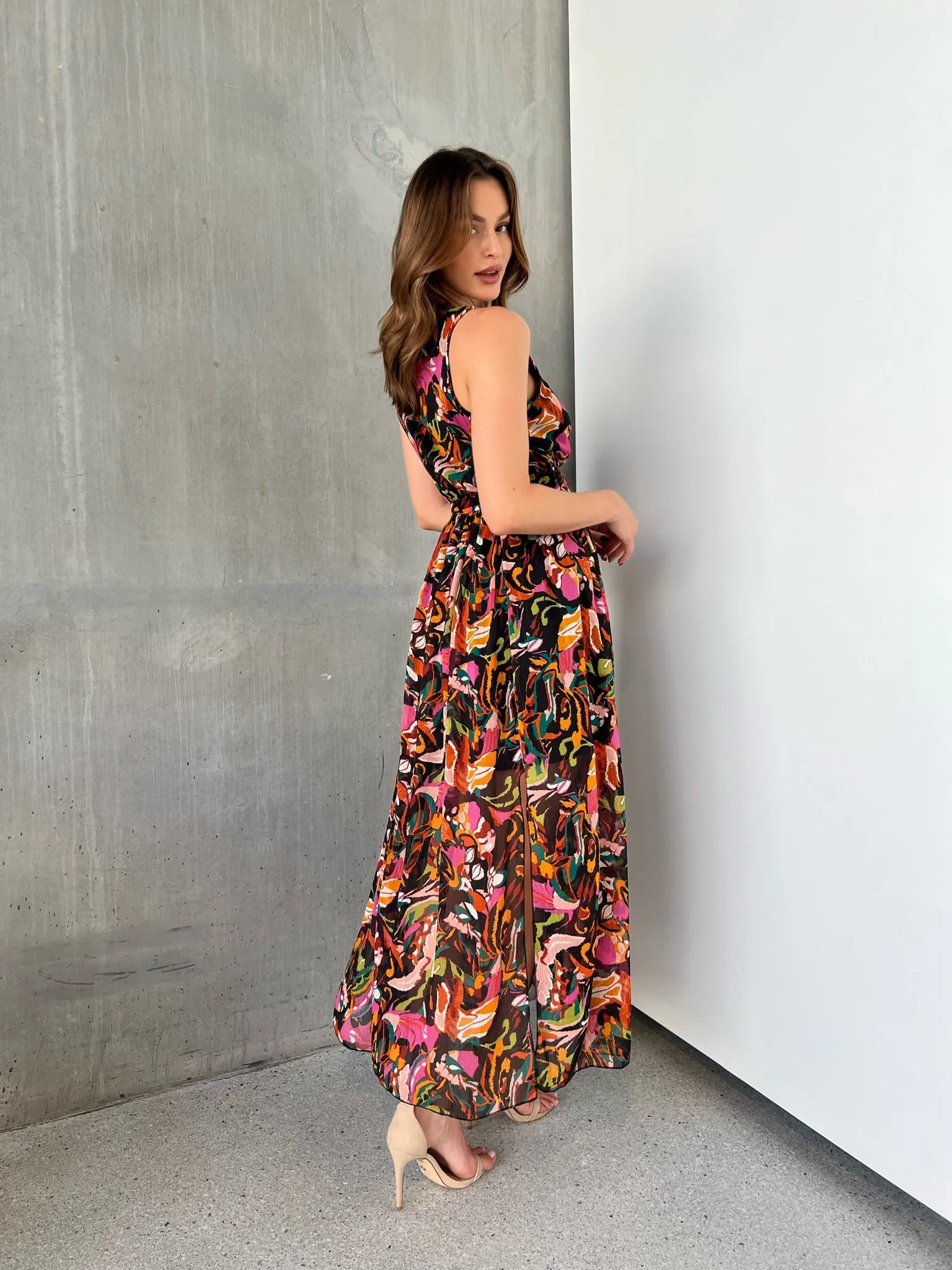 Gillian Black/Rust/Pink Multi Print Maxi Dress