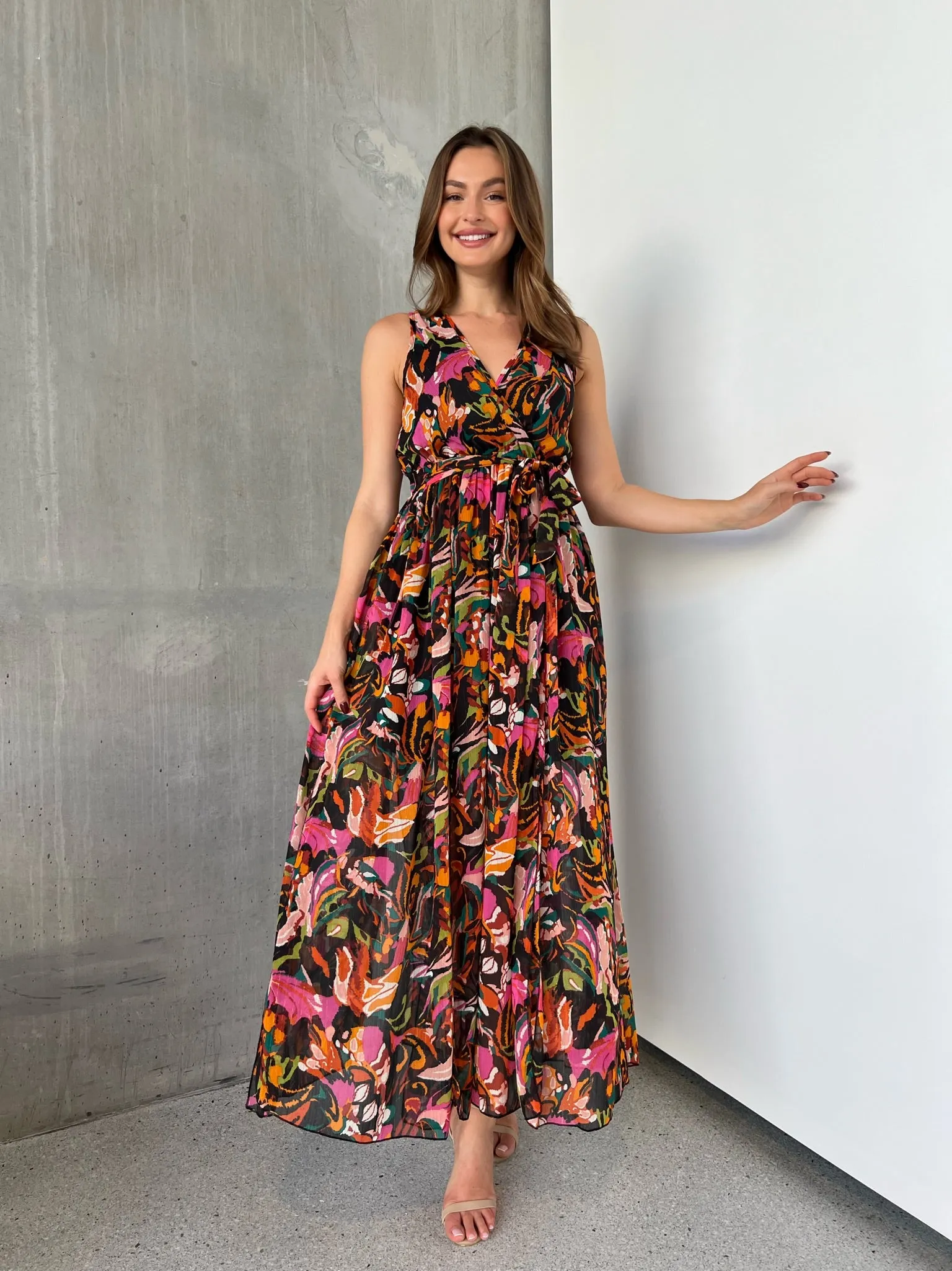 Gillian Black/Rust/Pink Multi Print Maxi Dress