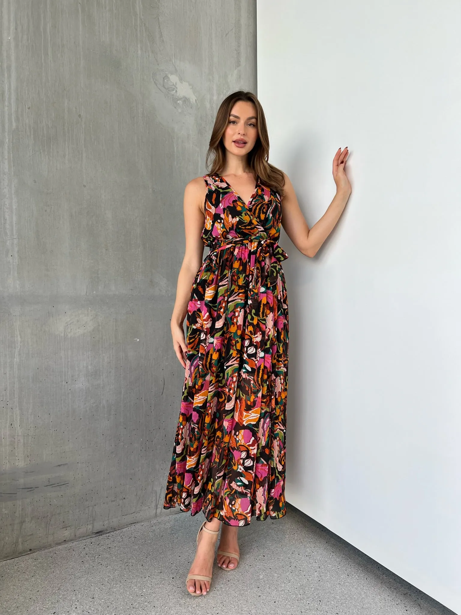 Gillian Black/Rust/Pink Multi Print Maxi Dress