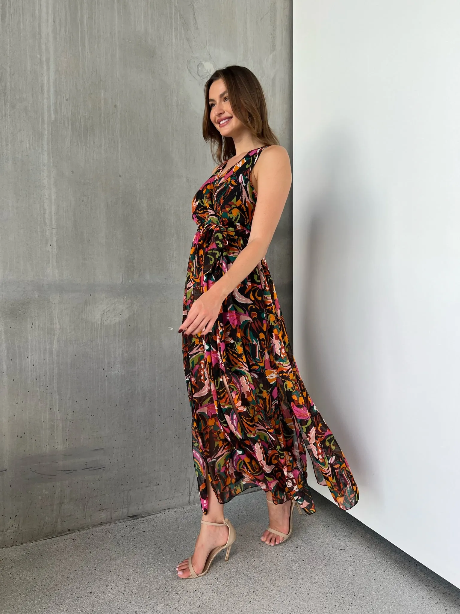 Gillian Black/Rust/Pink Multi Print Maxi Dress