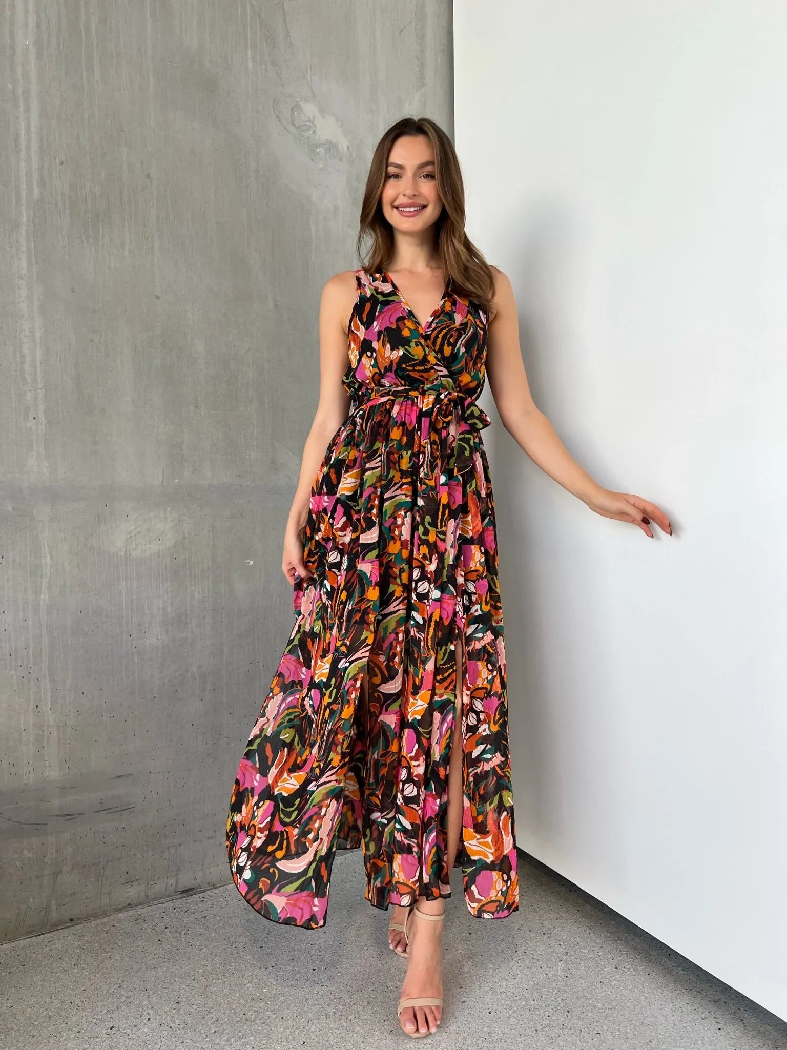 Gillian Black/Rust/Pink Multi Print Maxi Dress