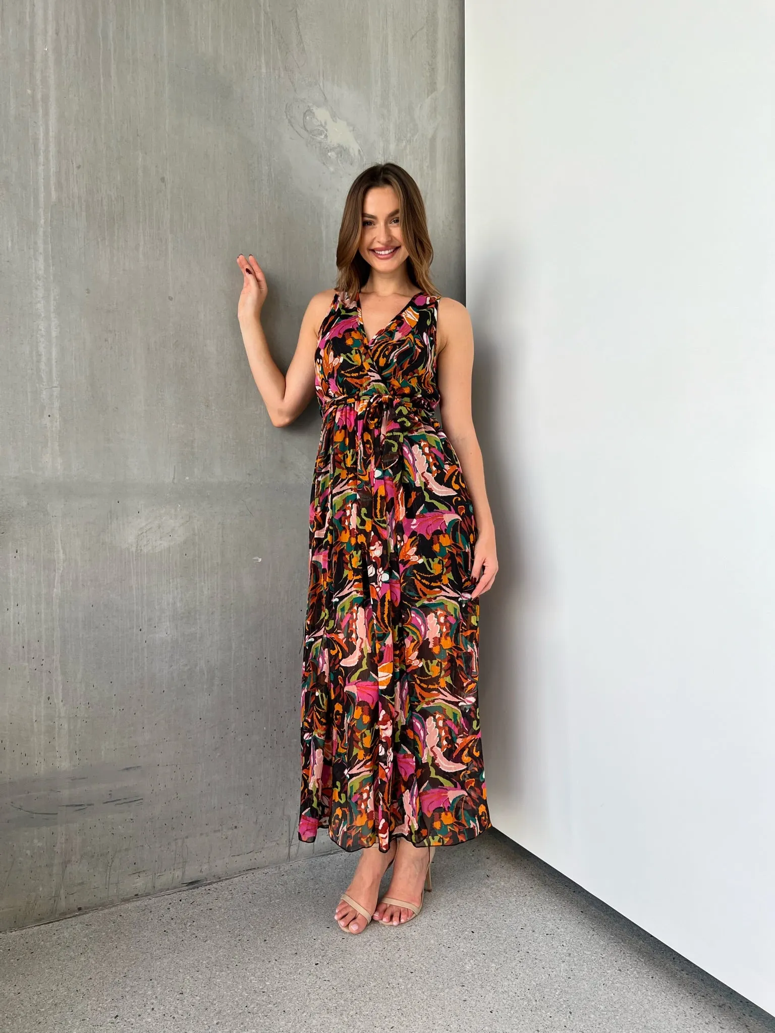 Gillian Black/Rust/Pink Multi Print Maxi Dress