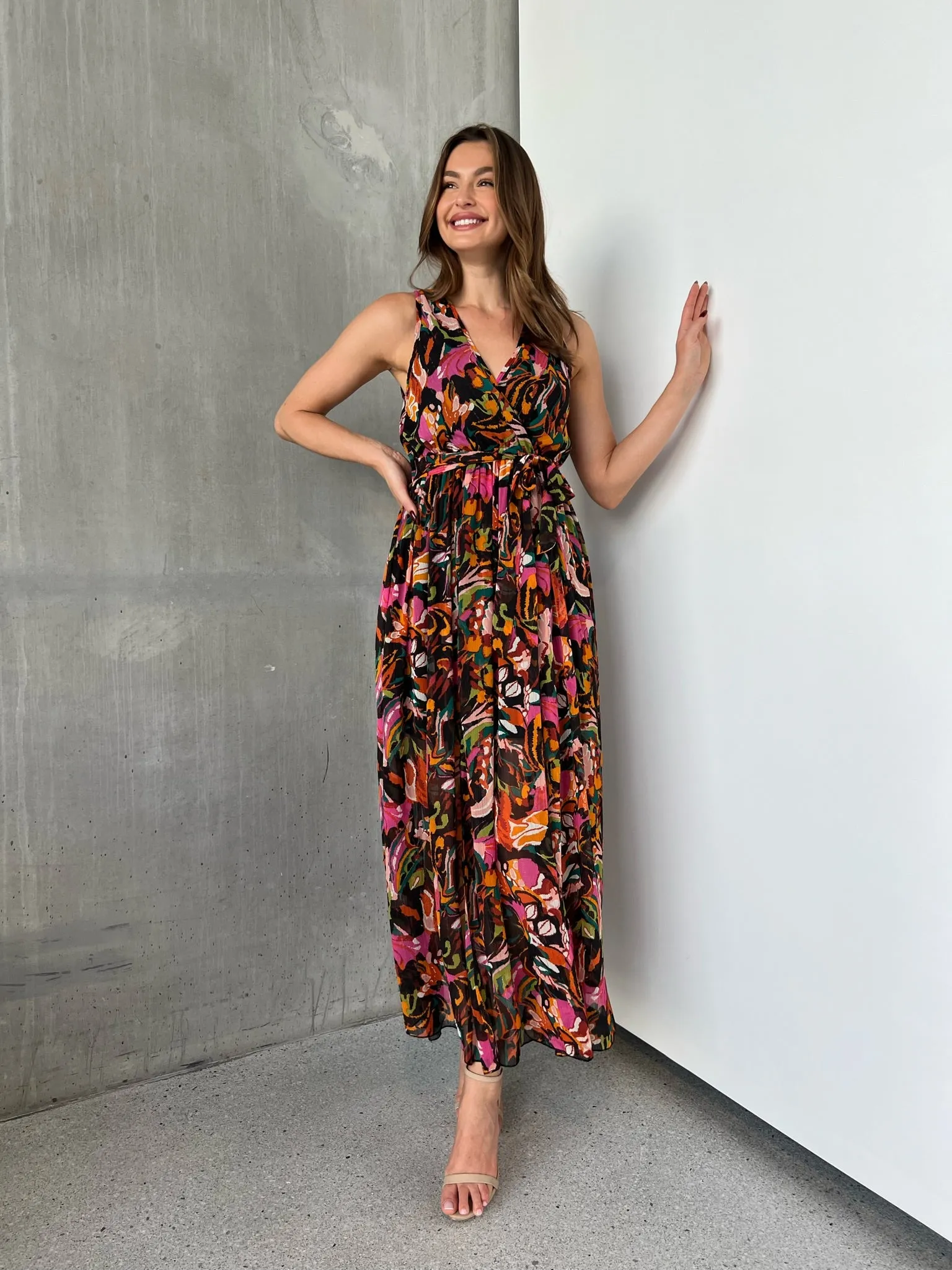 Gillian Black/Rust/Pink Multi Print Maxi Dress