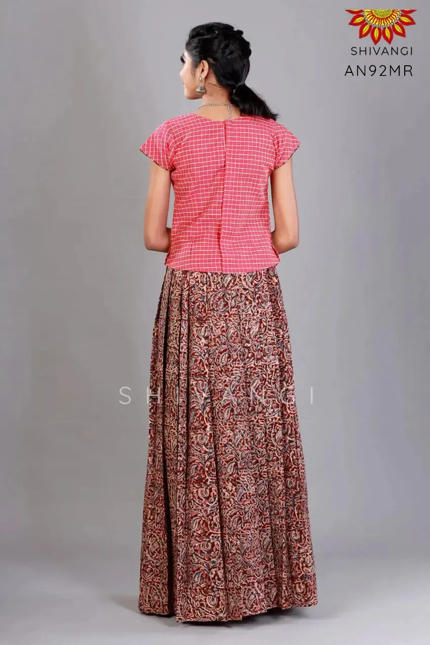 Girls Maroon Kalamkari floral Cotton Pavadai Set