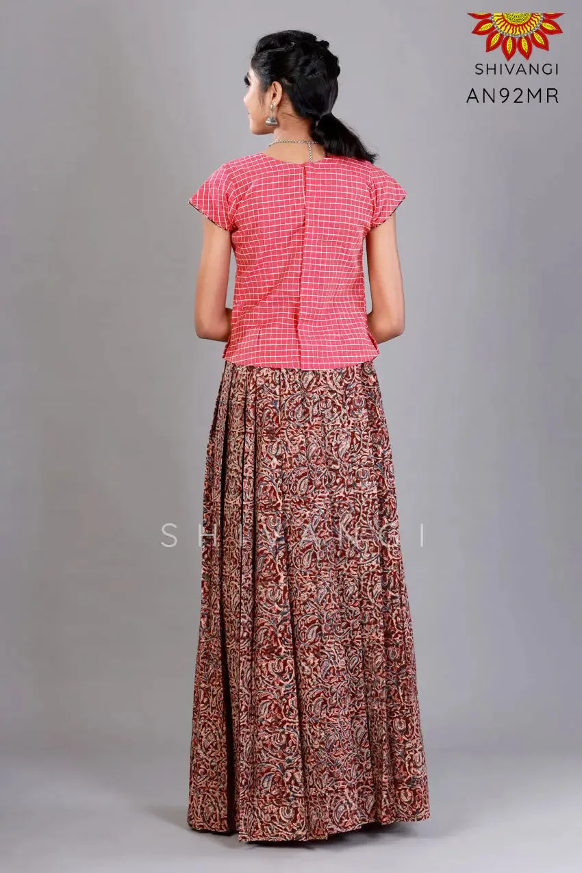 Girls Maroon Kalamkari floral Cotton Pavadai Set