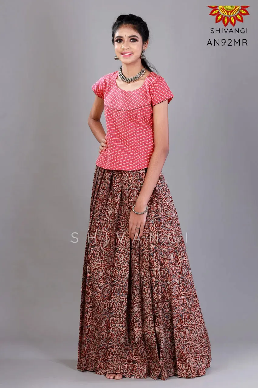 Girls Maroon Kalamkari floral Cotton Pavadai Set