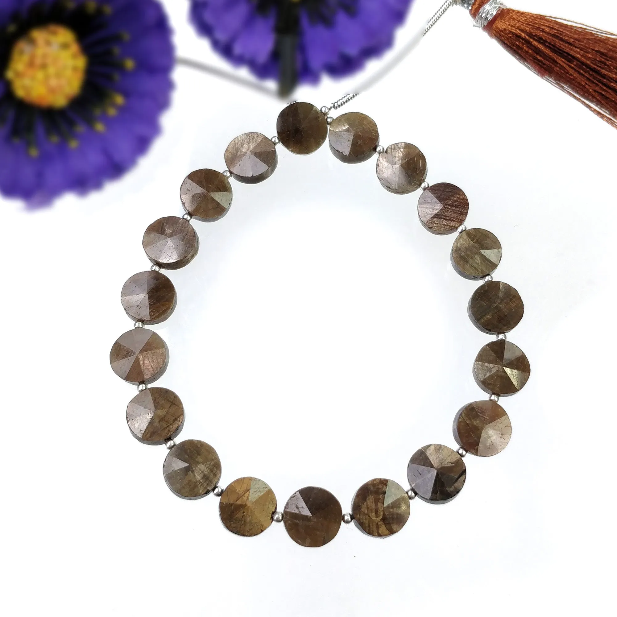 Golden Brown CHOCOLATE Sapphire Gemstone Step Cut Loose Beads : 62.00cts Natural Unheated Sapphire Round Briolette 9mm 7.5"