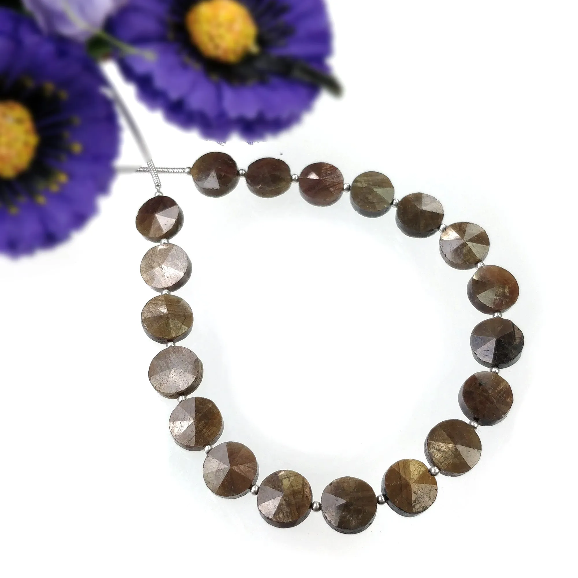 Golden Brown CHOCOLATE Sapphire Gemstone Step Cut Loose Beads : 62.00cts Natural Unheated Sapphire Round Briolette 9mm 7.5"