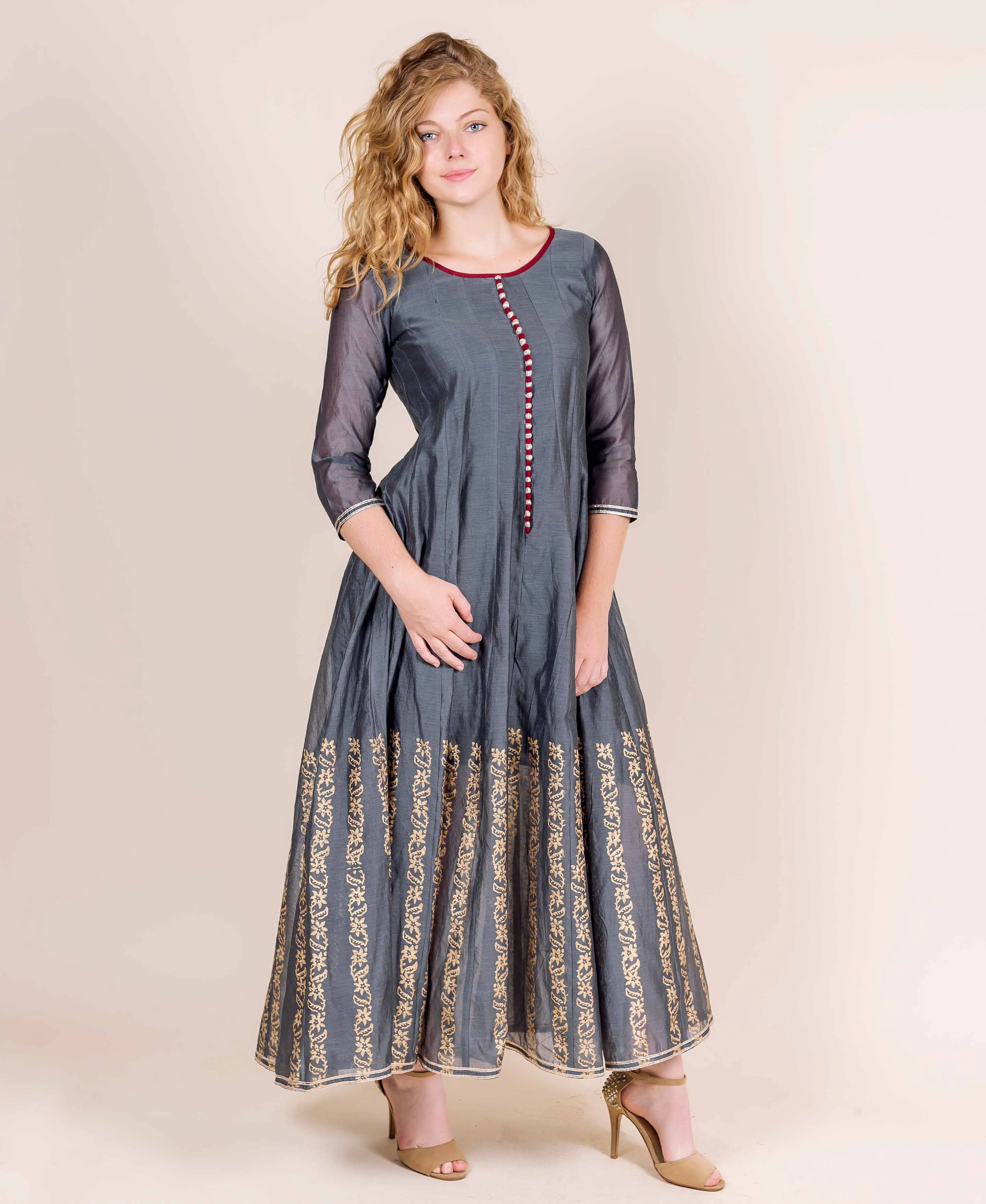 Grey Hand Block Printed Long Designer Chanderi Dress