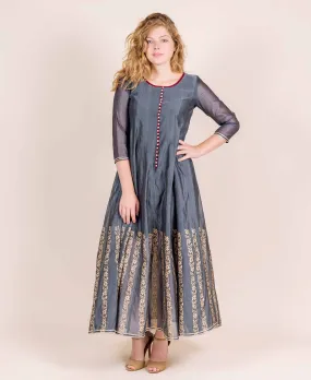 Grey Hand Block Printed Long Designer Chanderi Dress