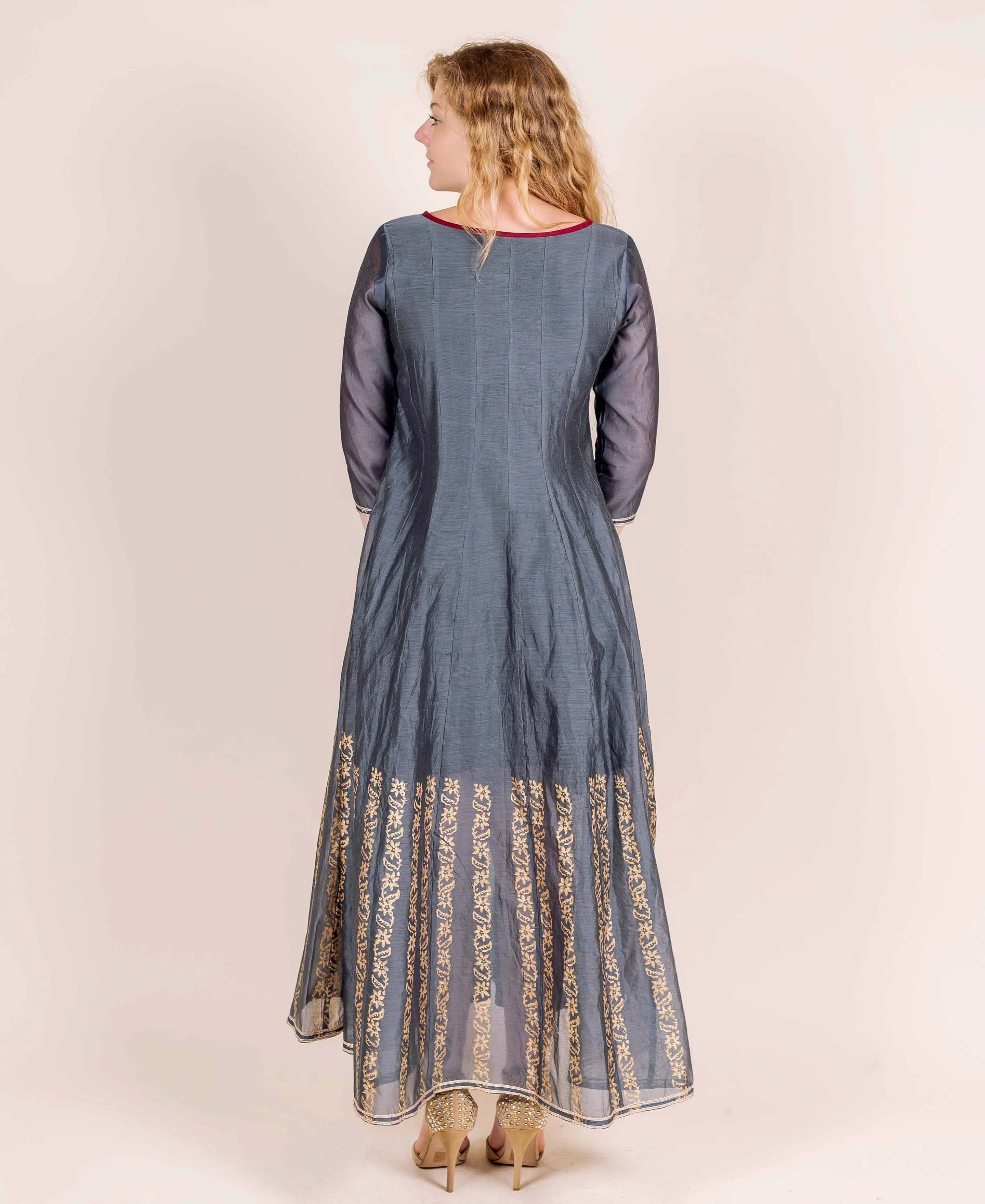 Grey Hand Block Printed Long Designer Chanderi Dress