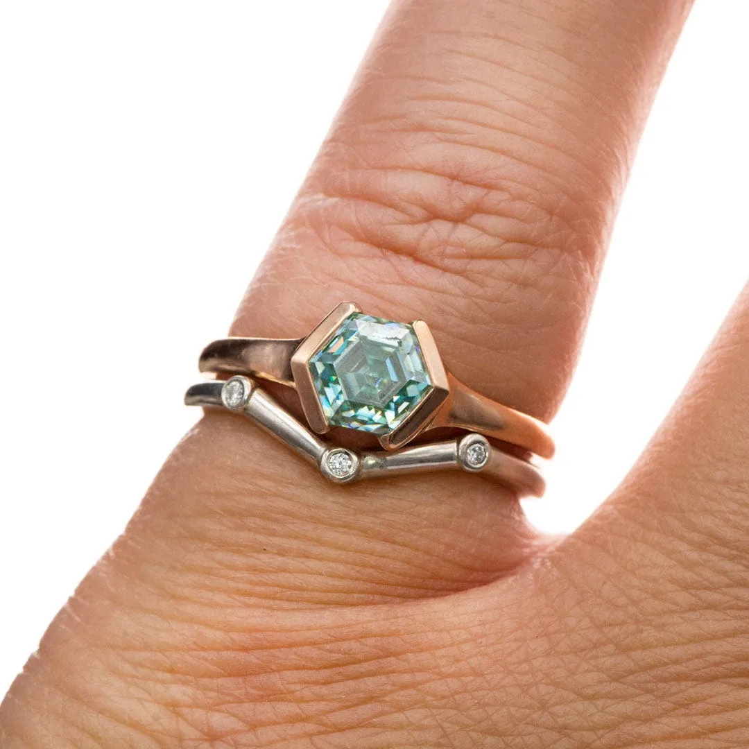 Half Bezel Set Hexagon Teal Moissanite 14k Rose Gold Signet Solitaire Ring, Ready to Ship