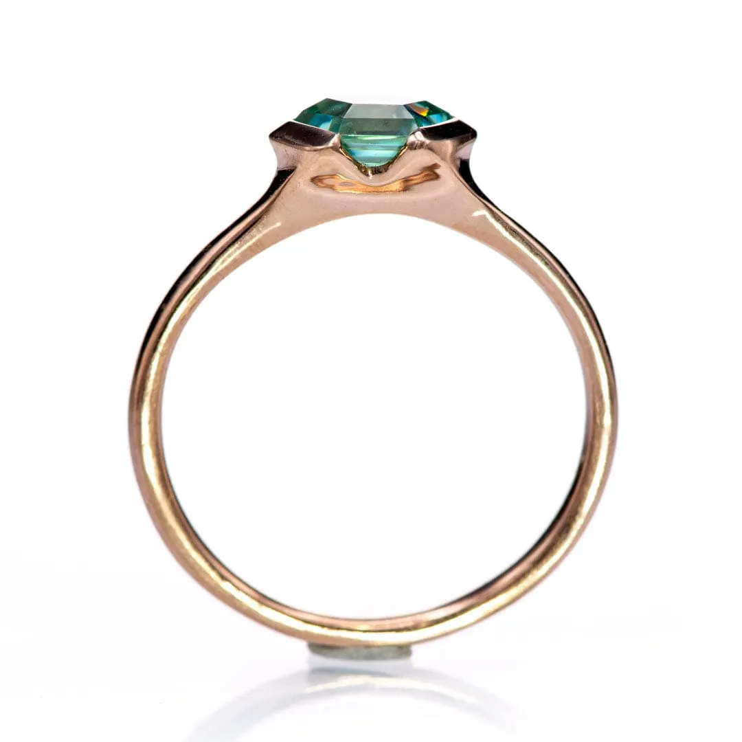 Half Bezel Set Hexagon Teal Moissanite 14k Rose Gold Signet Solitaire Ring, Ready to Ship