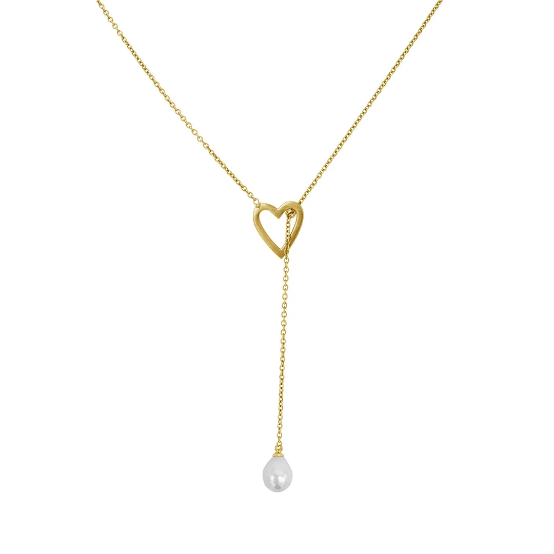 Heart and Freshwater Pearl Lariat Slide Thru Necklace gold