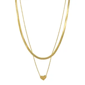 Heart and Love Herringbone Chain Necklace Set gold