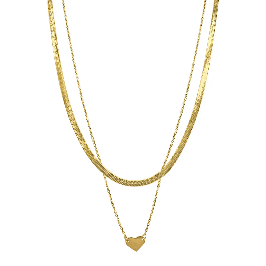 Heart and Love Herringbone Chain Necklace Set gold