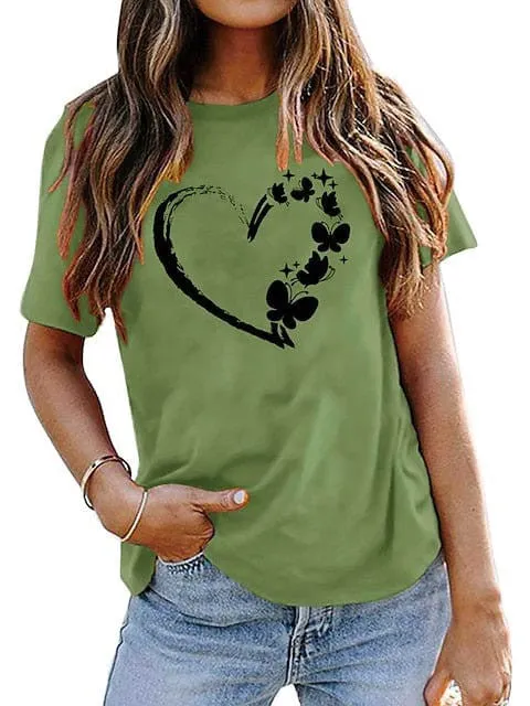 Heart Butterfly Print 100% Cotton Women's T-shirt Peace Green & Black White Basic Short Sleeve