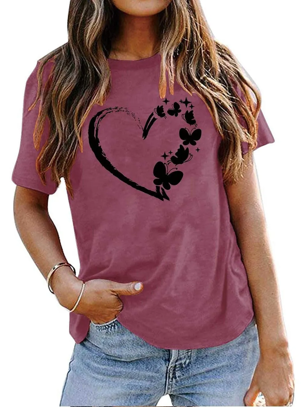 Heart Butterfly Print 100% Cotton Women's T-shirt Peace Green & Black White Basic Short Sleeve