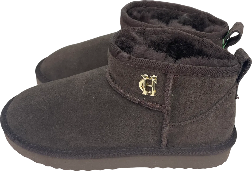 Holland Cooper Brown Ultra Mini Shearling Boot Chocolate With Gold Logo UK 4 EU 37 👠