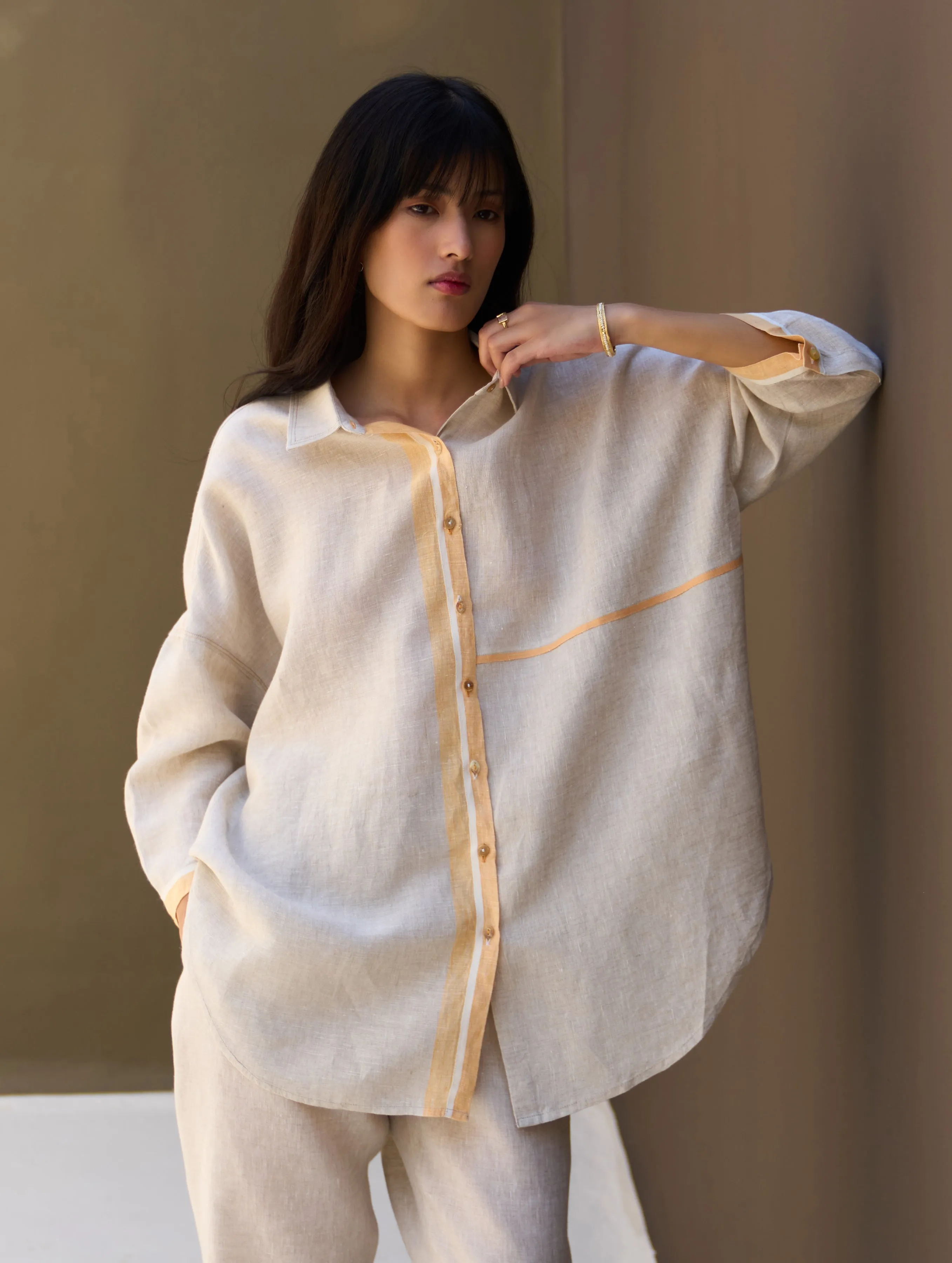 Isla Border Linen Shirt - Natural