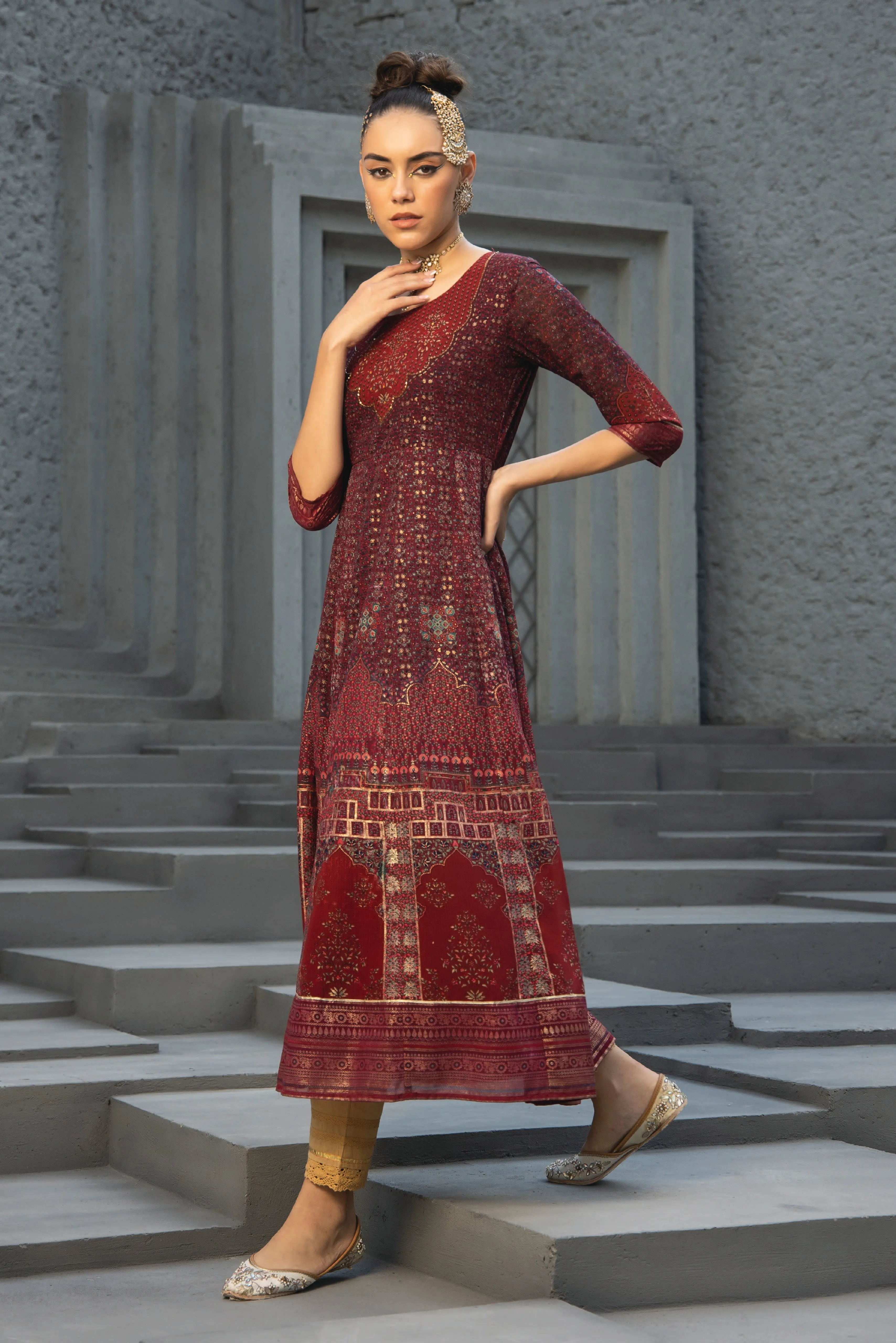 Juniper  Maroon Ethnic Motif Printed Georgette Anarkali Dress.