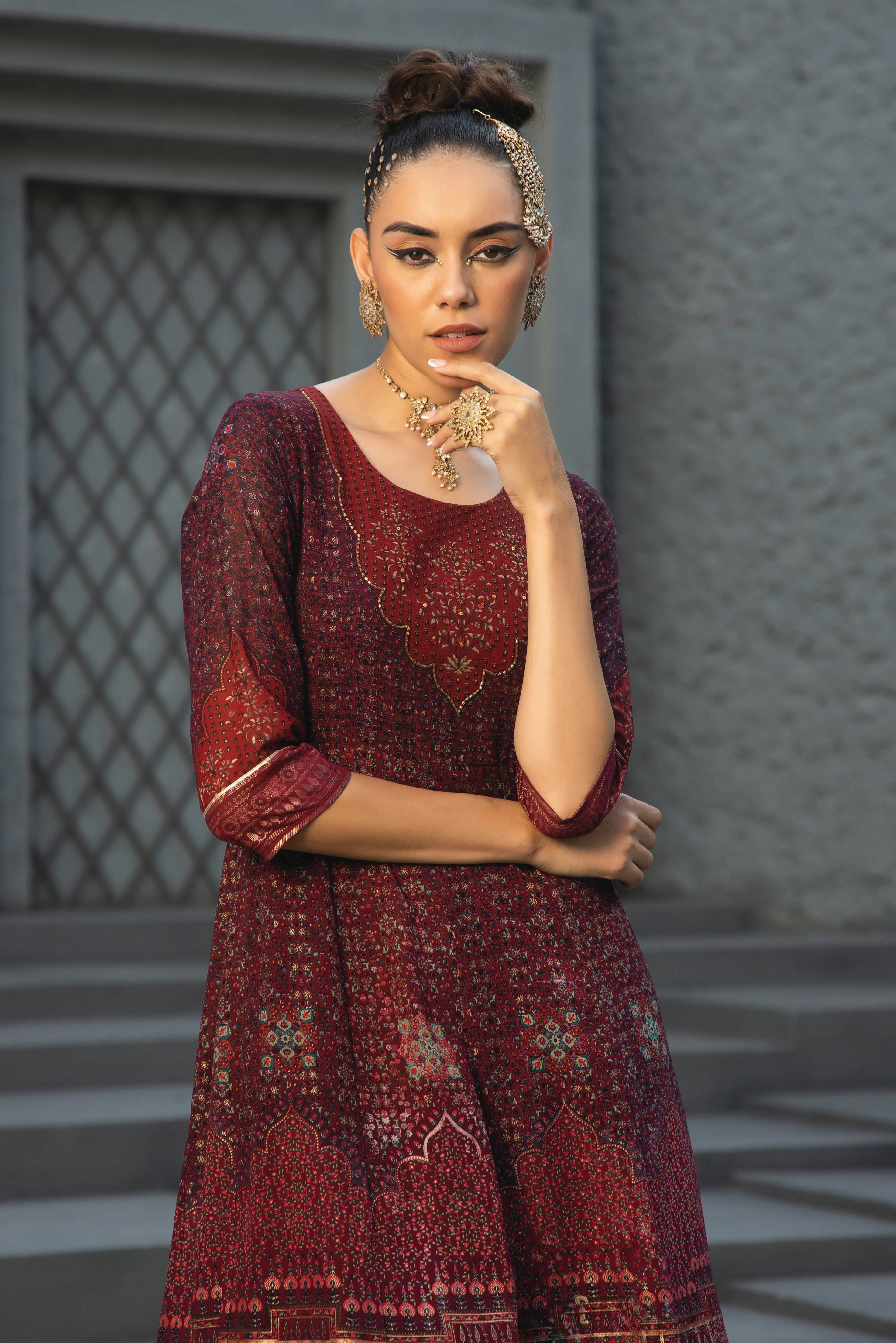 Juniper  Maroon Ethnic Motif Printed Georgette Anarkali Dress.