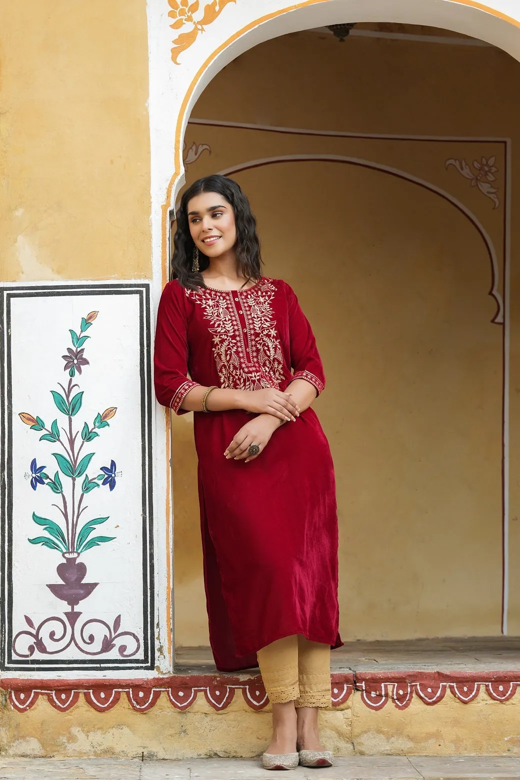 Juniper Maroon Ethnic Motif Printed Velvet Straight Kurta With Zari Work Embroidery