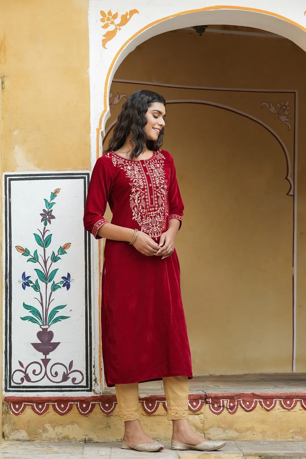 Juniper Maroon Ethnic Motif Printed Velvet Straight Kurta With Zari Work Embroidery