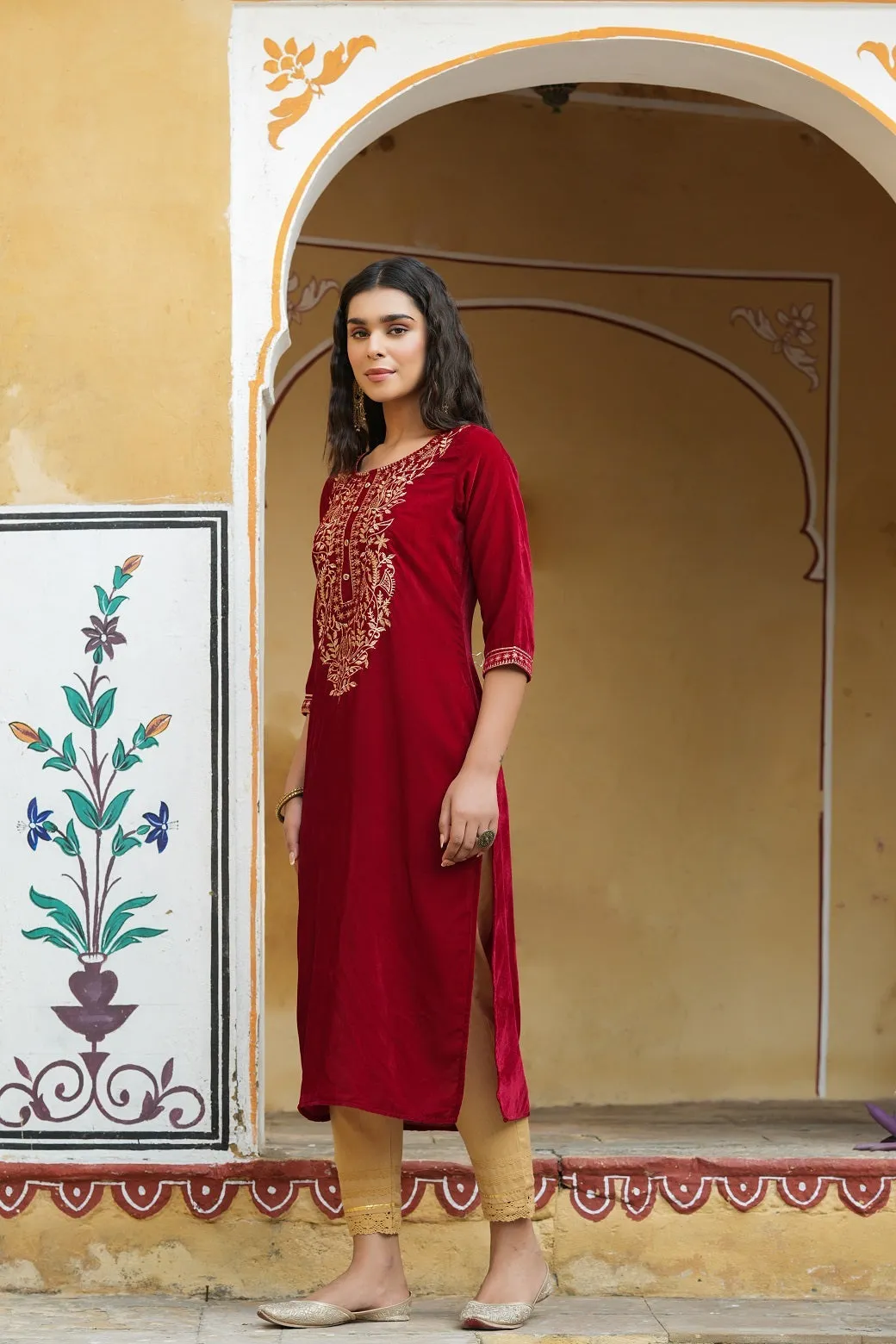 Juniper Maroon Ethnic Motif Printed Velvet Straight Kurta With Zari Work Embroidery