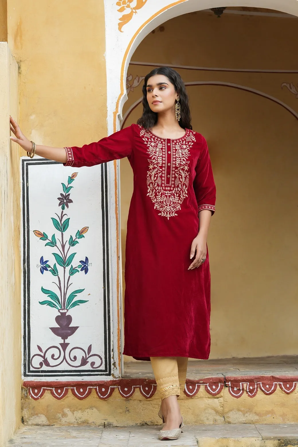 Juniper Maroon Ethnic Motif Printed Velvet Straight Kurta With Zari Work Embroidery