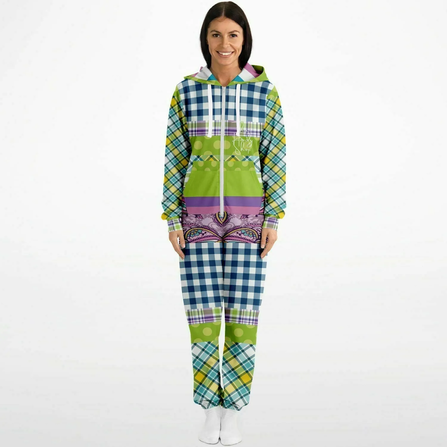 Kaleido-Scape Purple Plaid Patchwork Fleece Unisex Romper