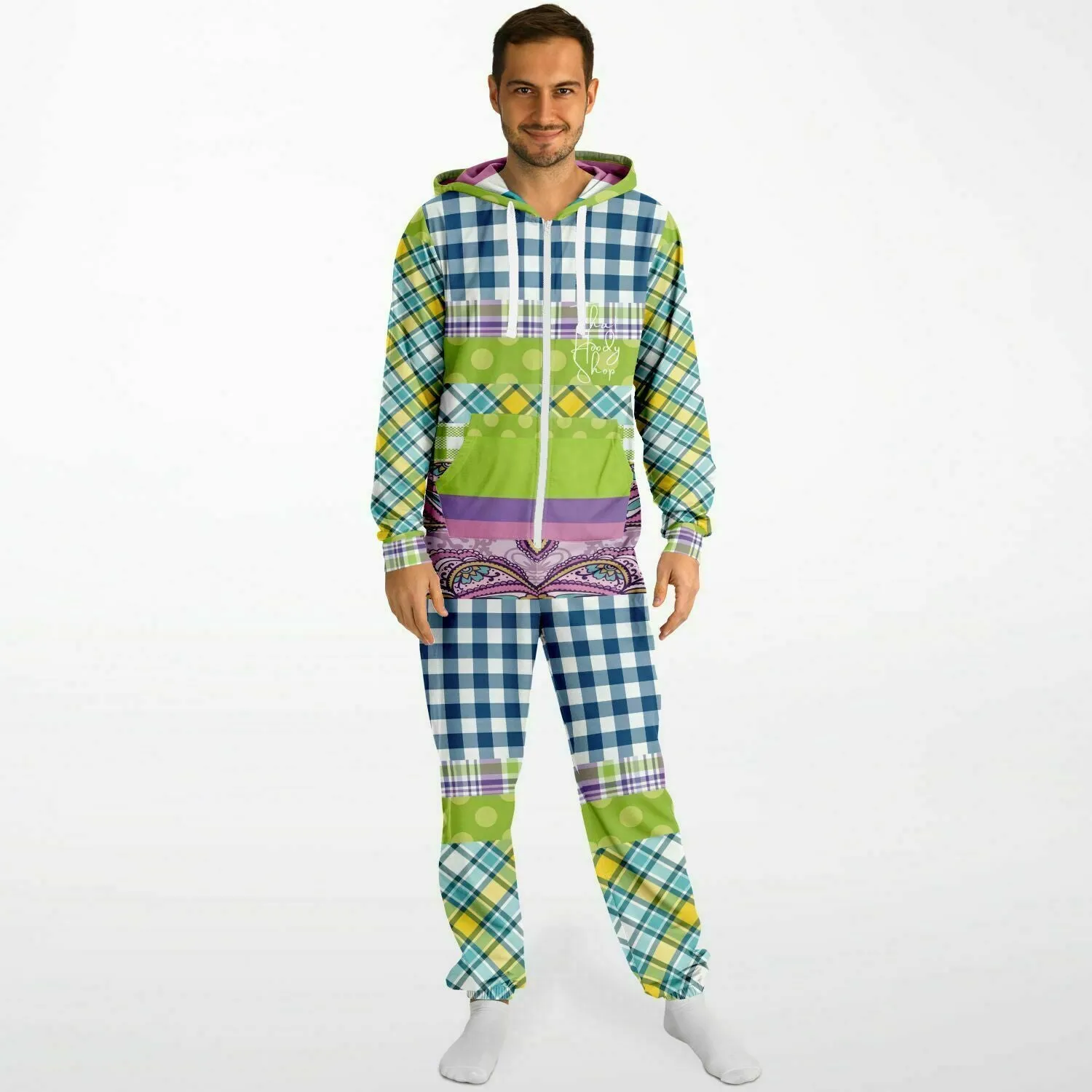 Kaleido-Scape Purple Plaid Patchwork Fleece Unisex Romper