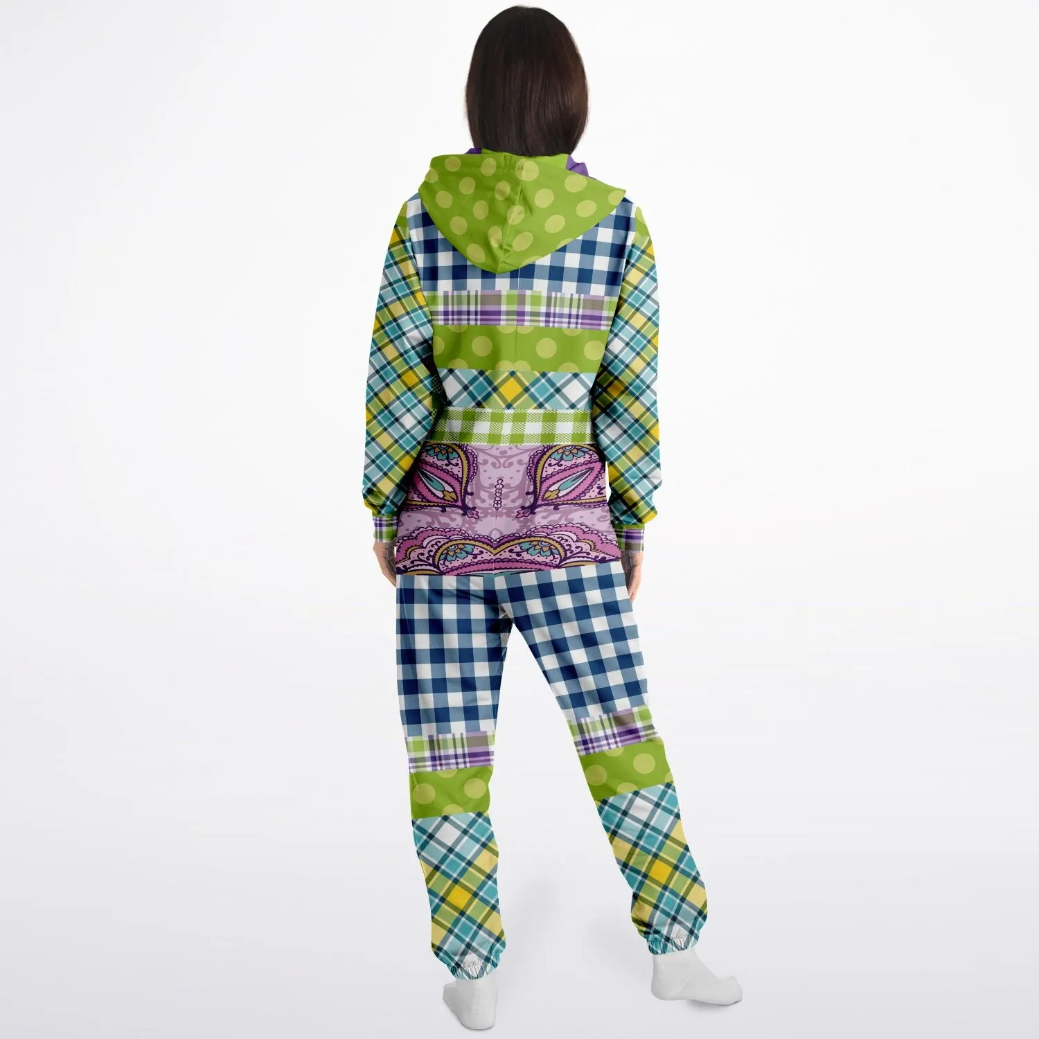 Kaleido-Scape Purple Plaid Patchwork Fleece Unisex Romper