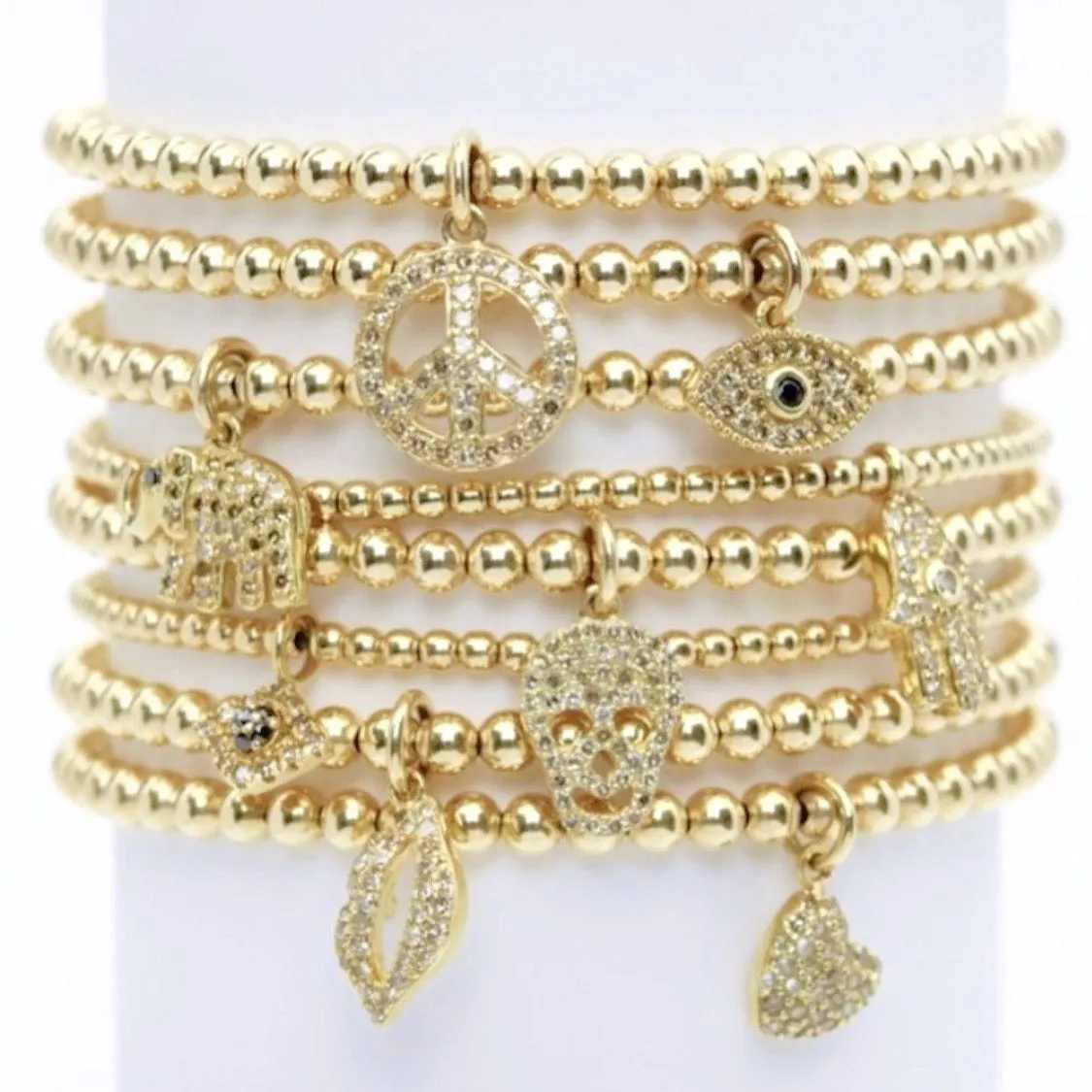 Karen Lazar - 3 mm Yellow Gold Filled Bead Flex Bracelet, Diamond Heart Charm