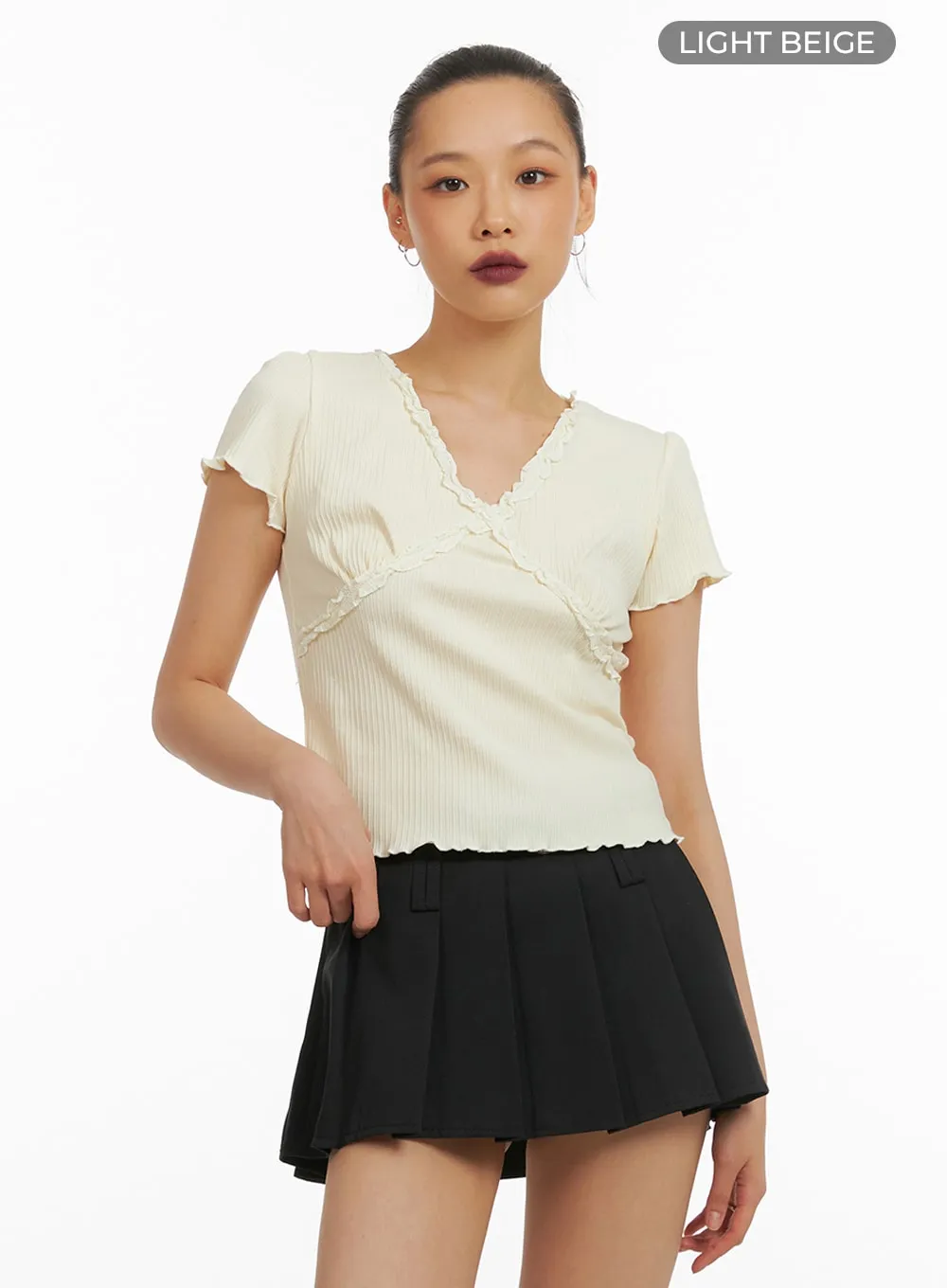 Lace V-Neck Short Sleeve Top IA417