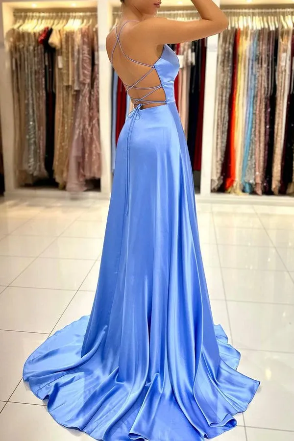 Light Blue Prom Dress with Spaghetti Straps and Split