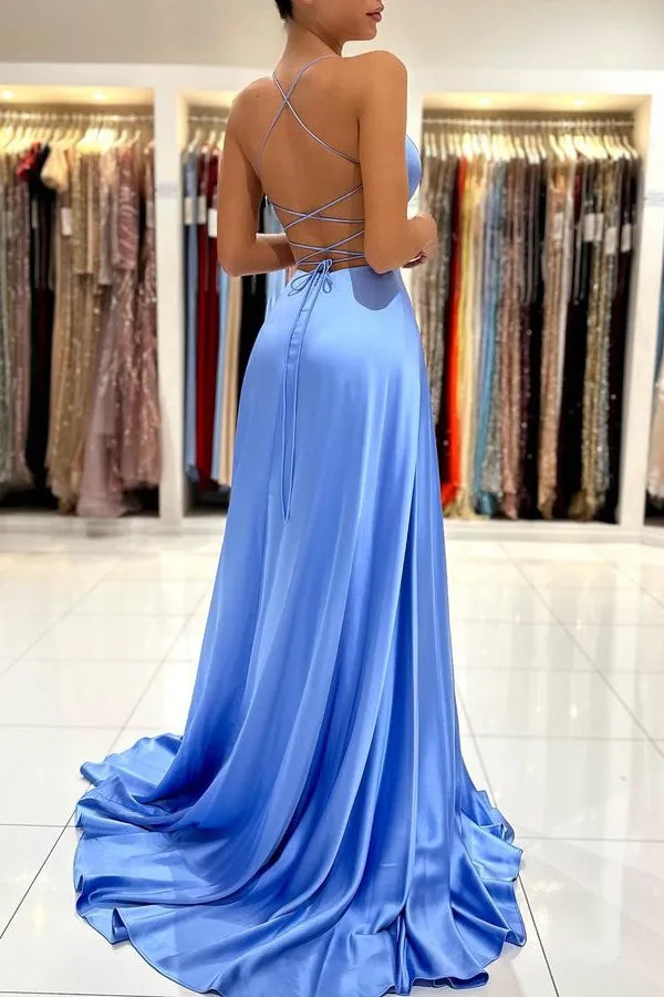 Light Blue Prom Dress with Spaghetti Straps and Split