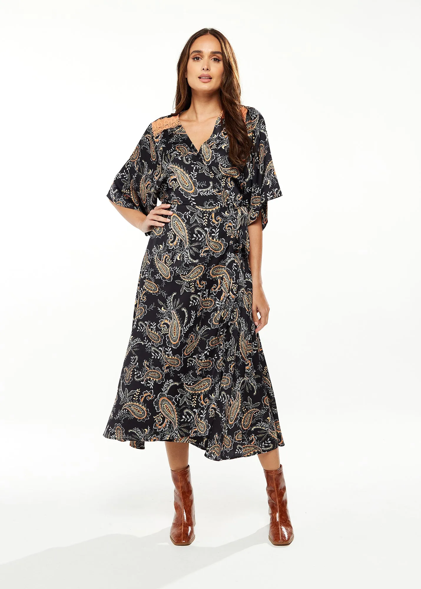 Liquorish Floral Print Wrap Dress With Lace Detail