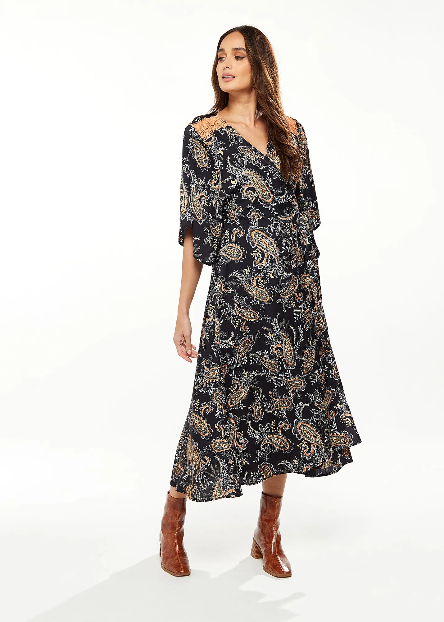 Liquorish Floral Print Wrap Dress With Lace Detail