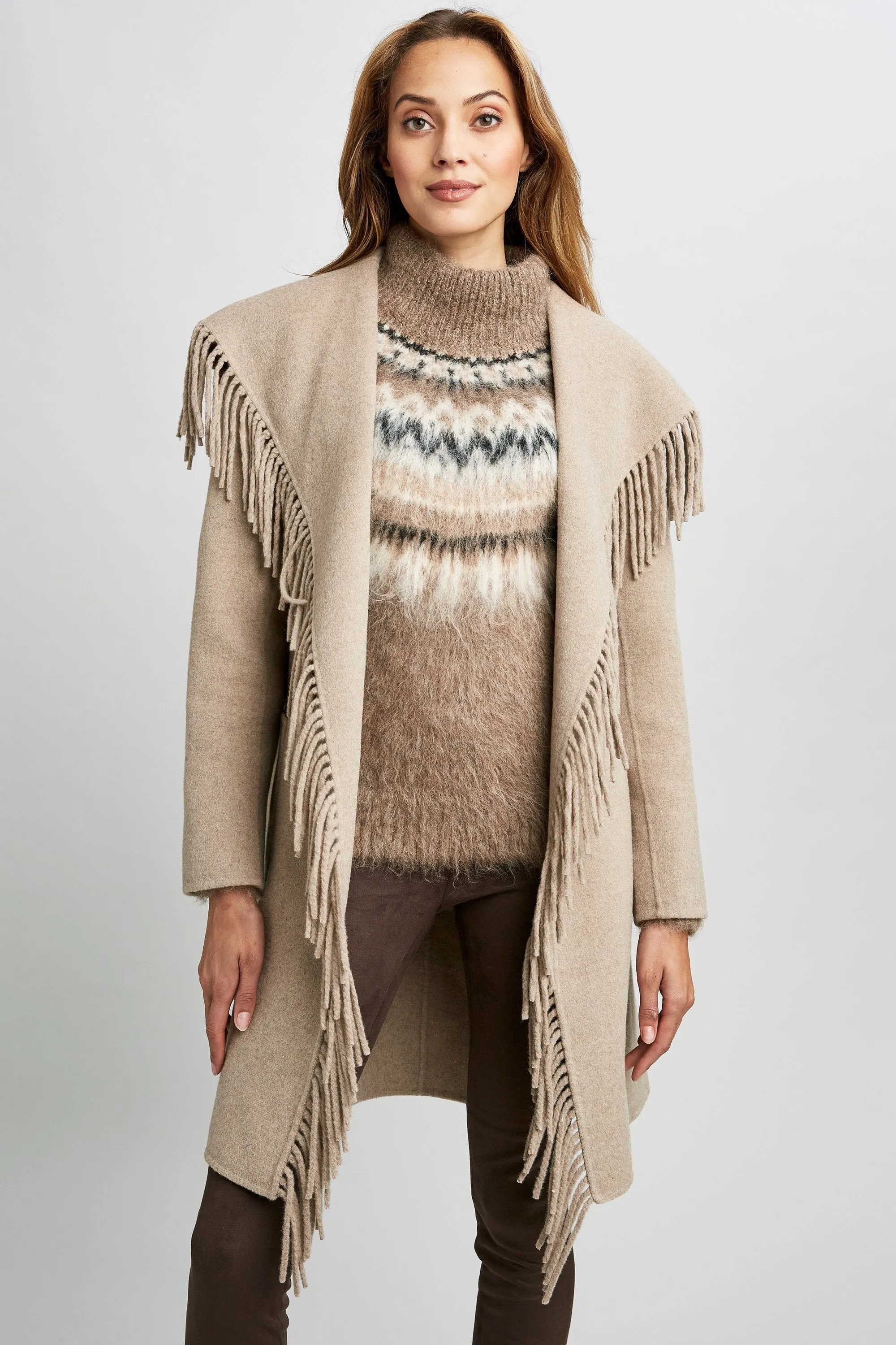 Long Sleeve Fringe Detail Wrap Coat