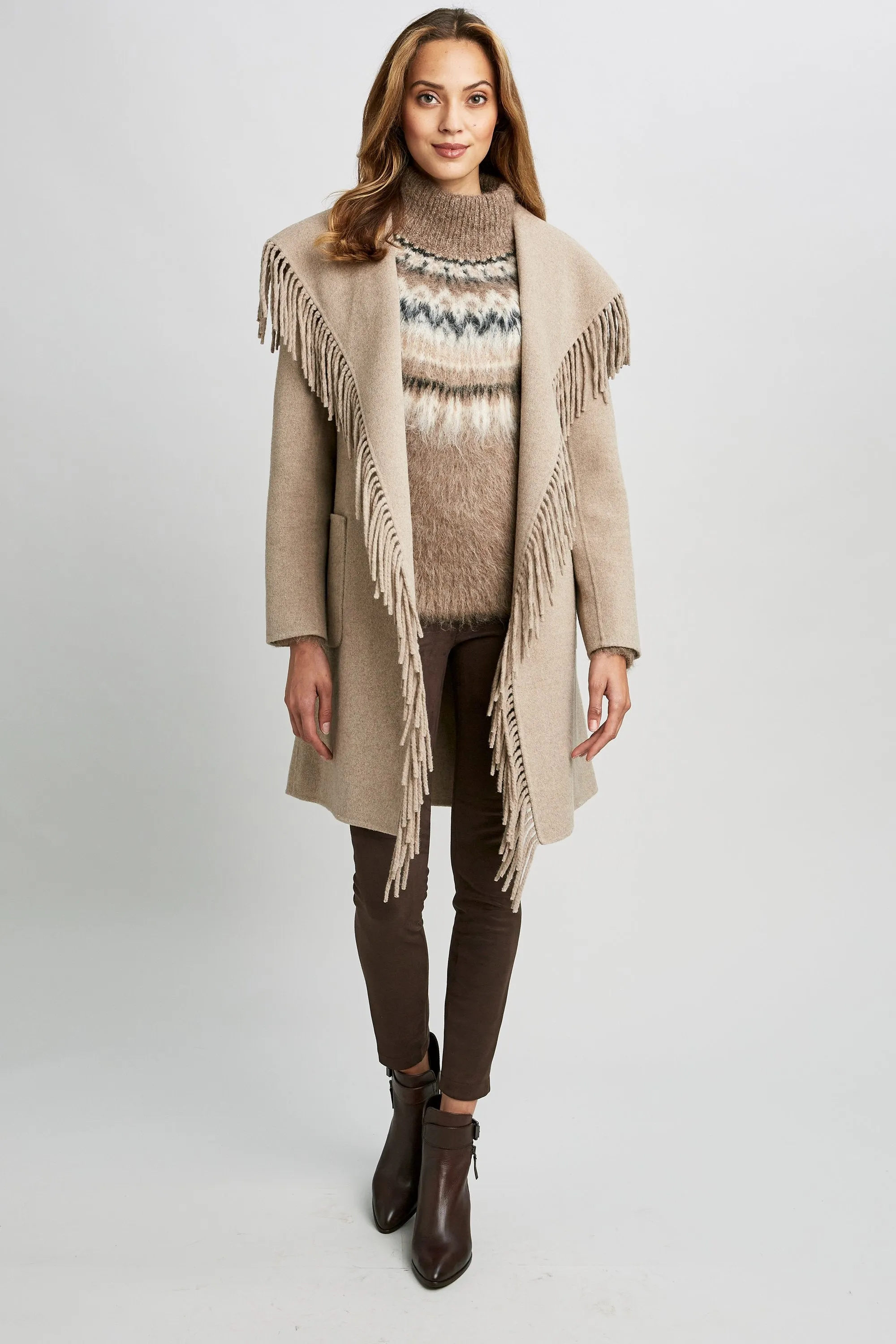 Long Sleeve Fringe Detail Wrap Coat