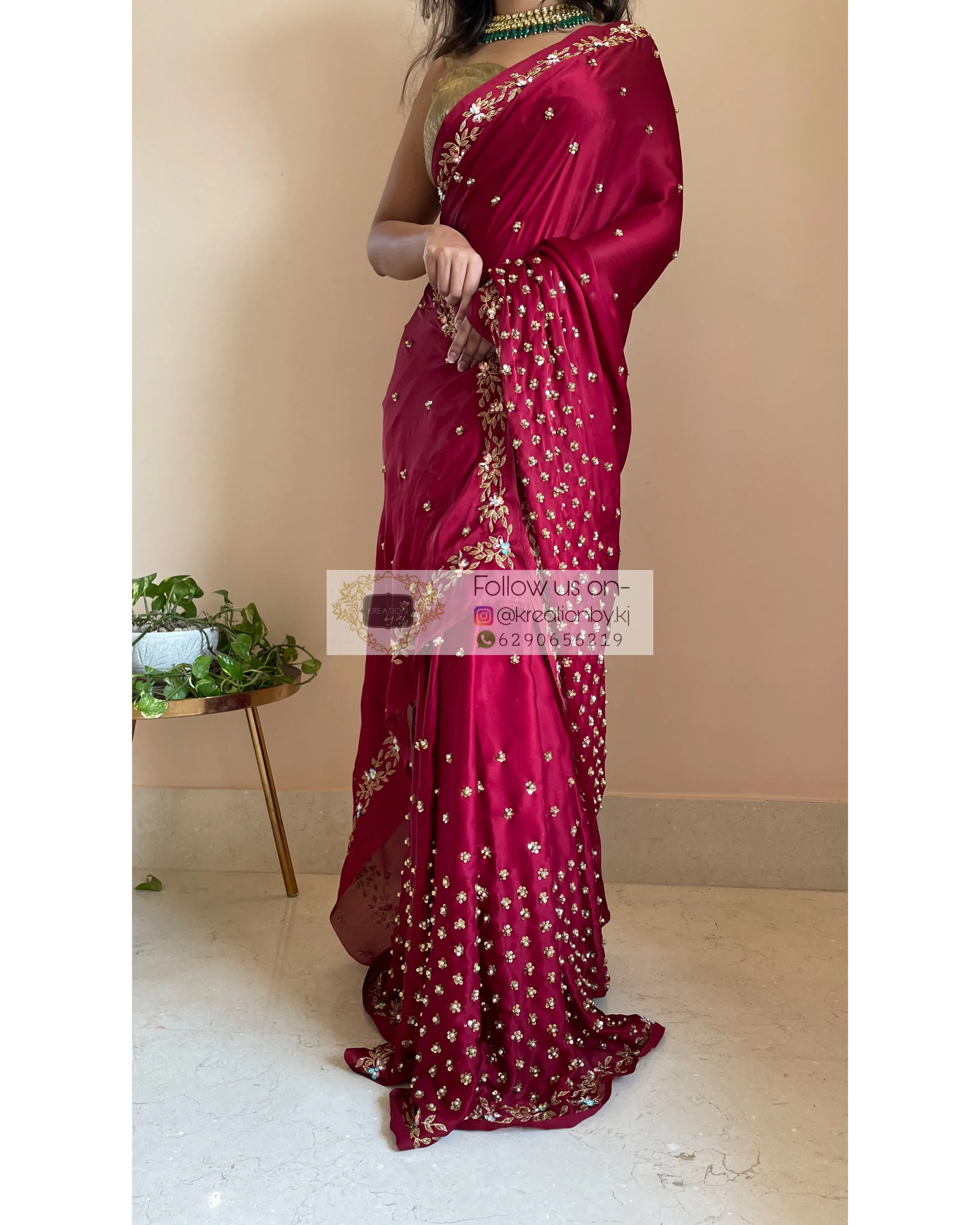 Maroon Crepe Silk Badan pe Sitare