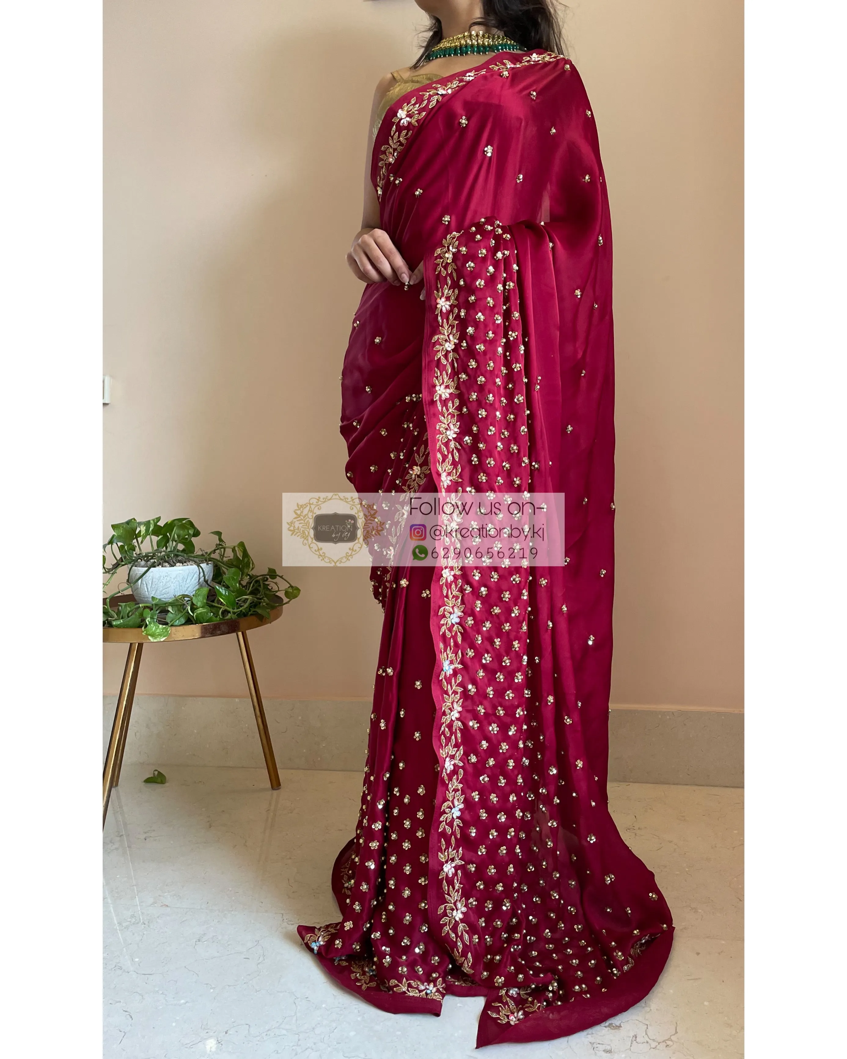 Maroon Crepe Silk Badan pe Sitare