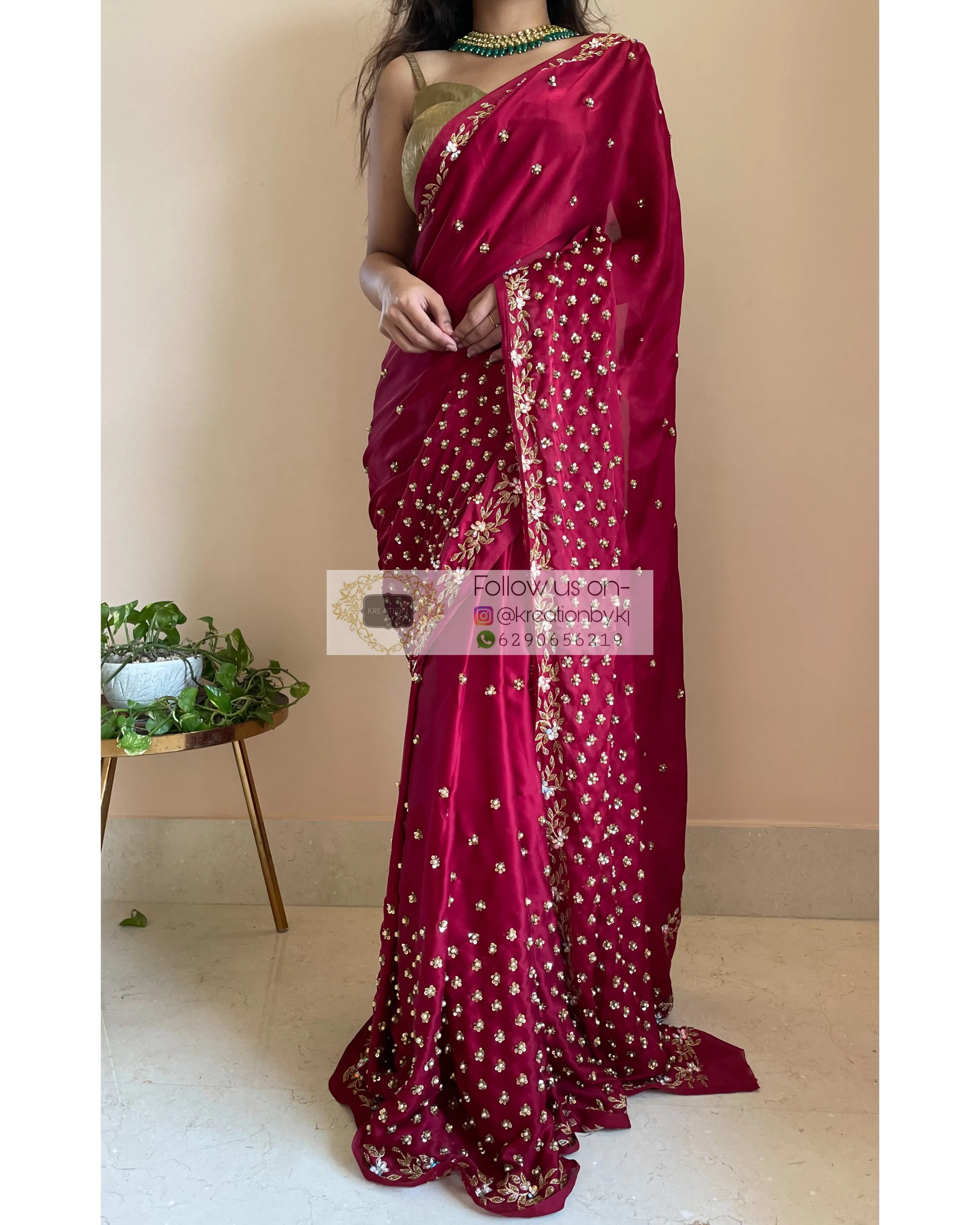 Maroon Crepe Silk Badan pe Sitare