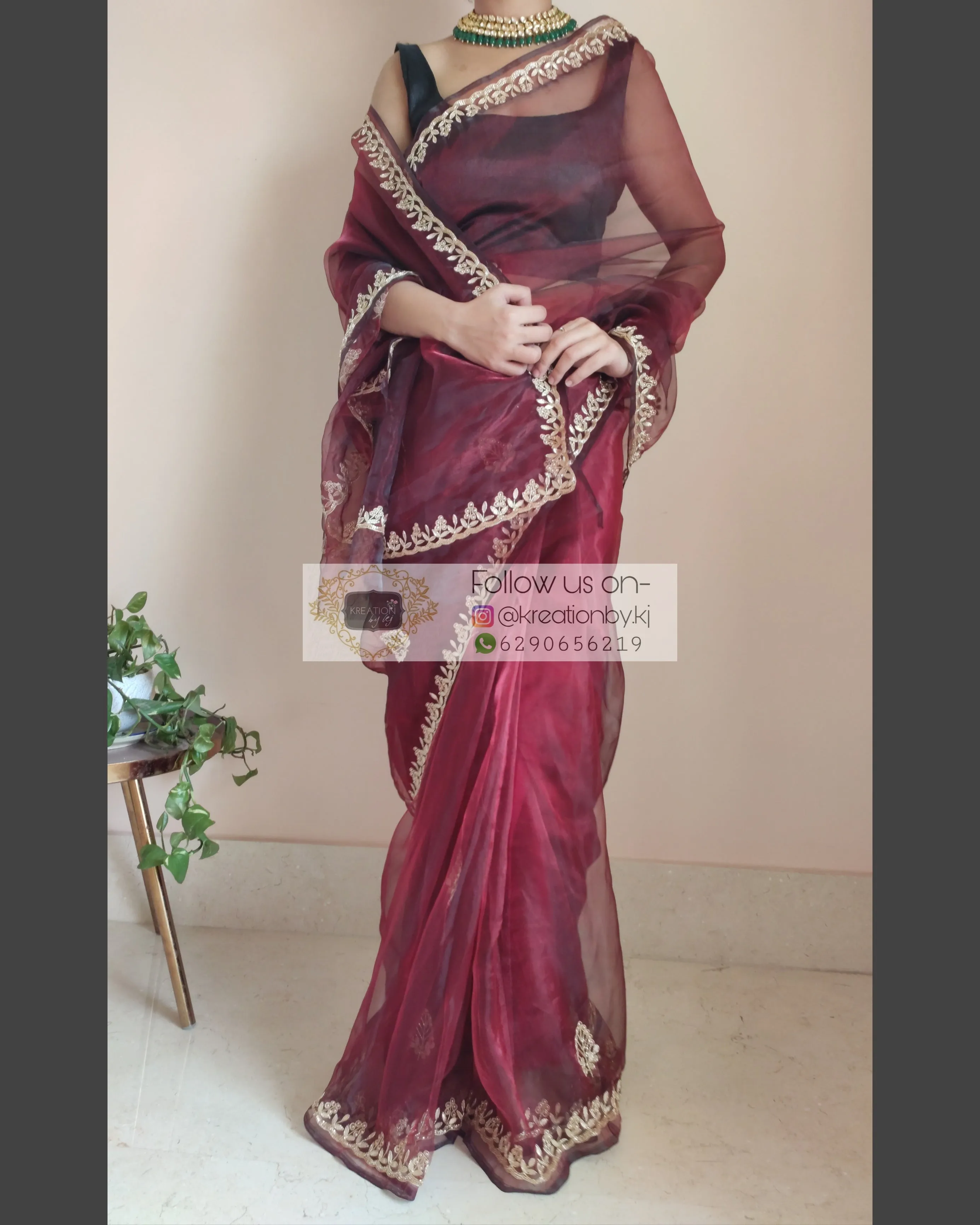 Maroon Glass Tissue Saree With Gota Patti Border