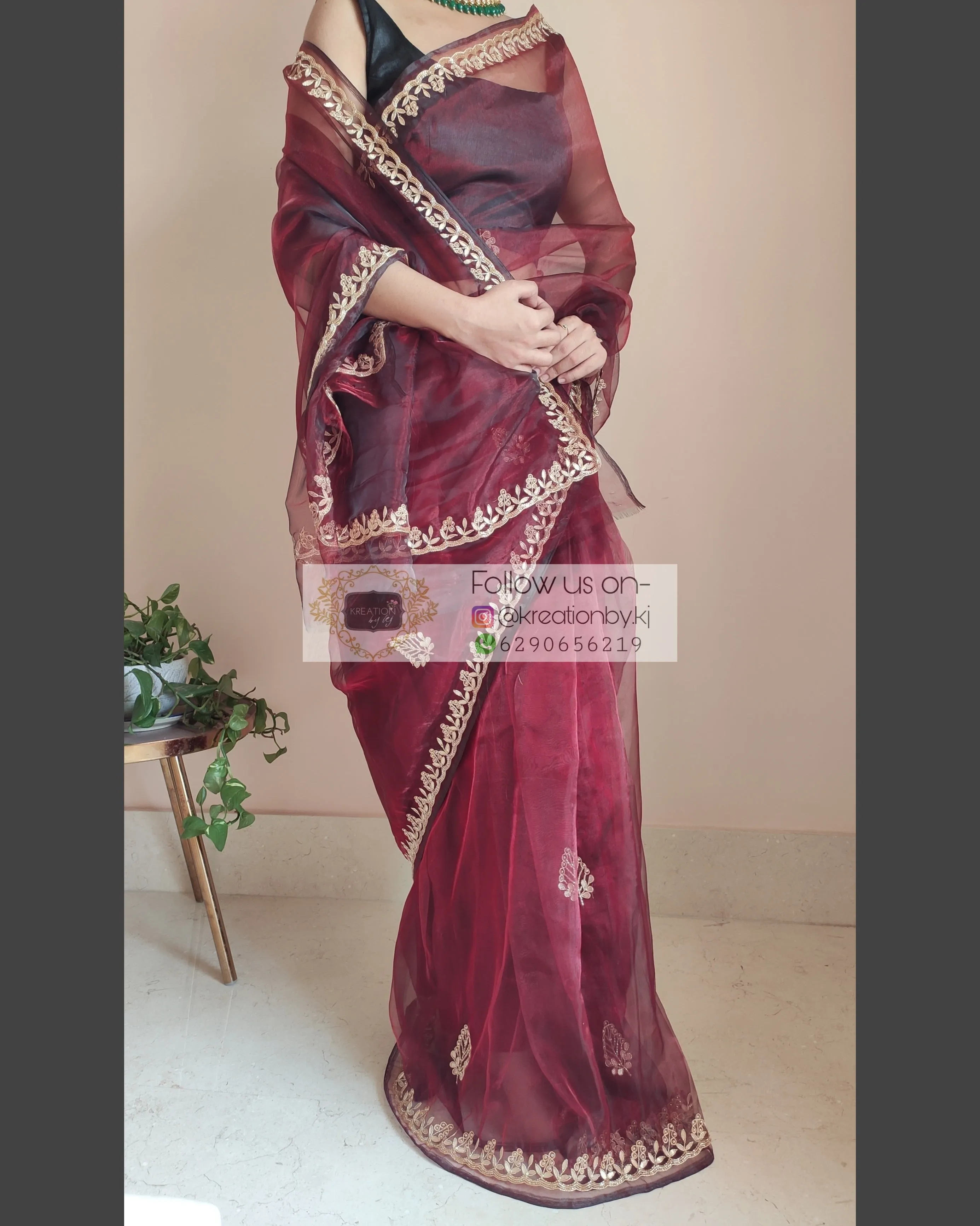 Maroon Glass Tissue Saree With Gota Patti Border