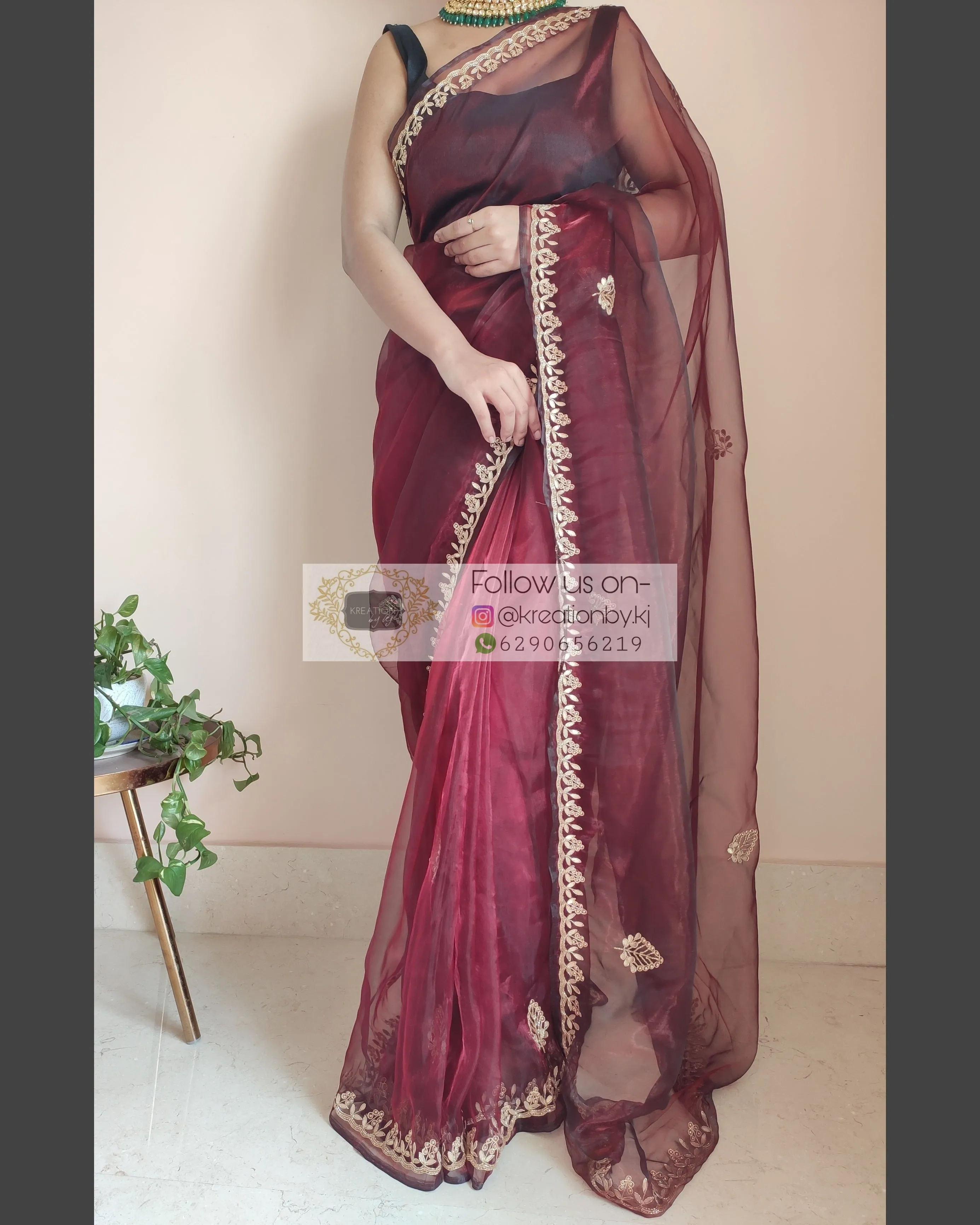 Maroon Glass Tissue Saree With Gota Patti Border