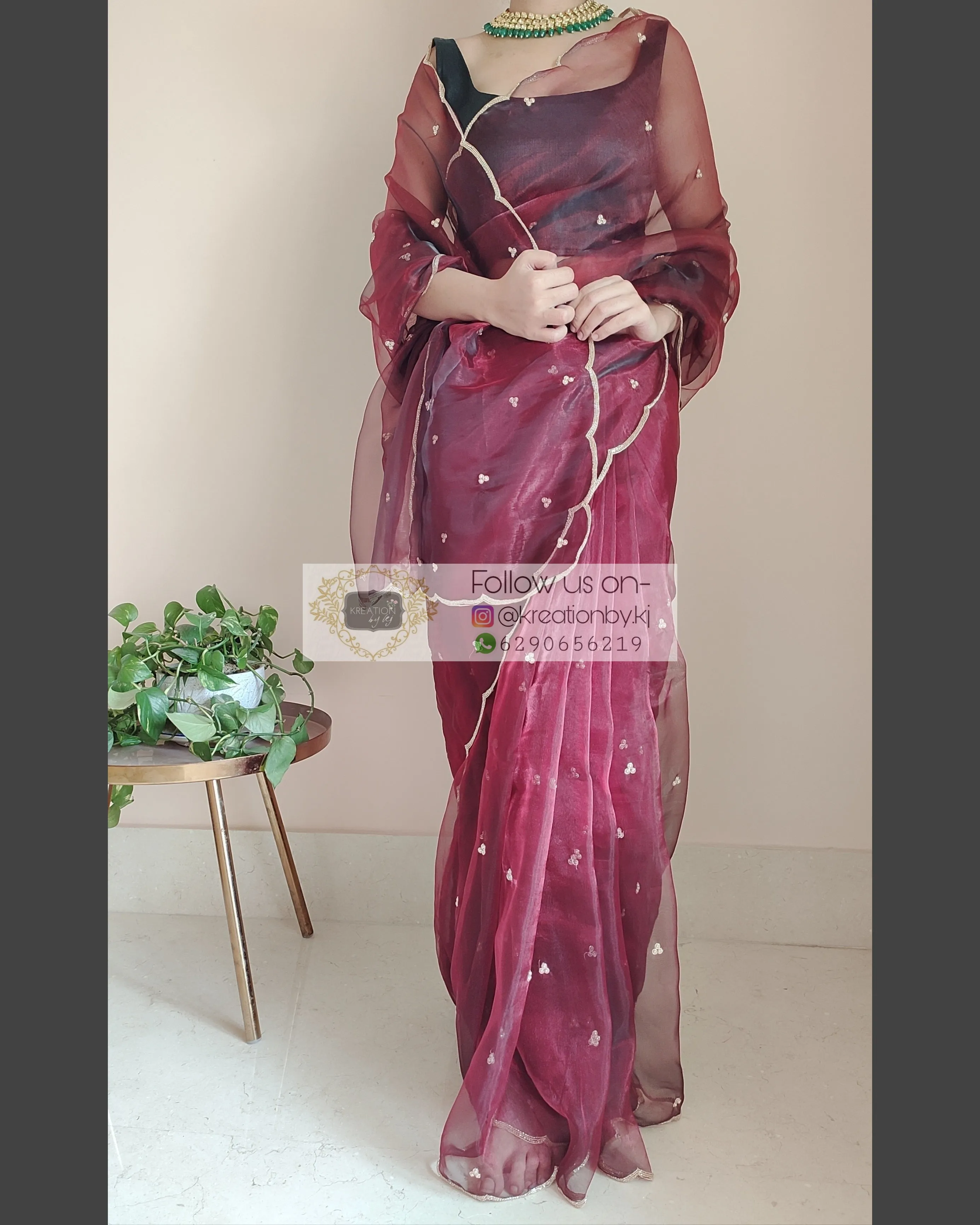 Maroon glass tissue saree with Handembroidered scalloping